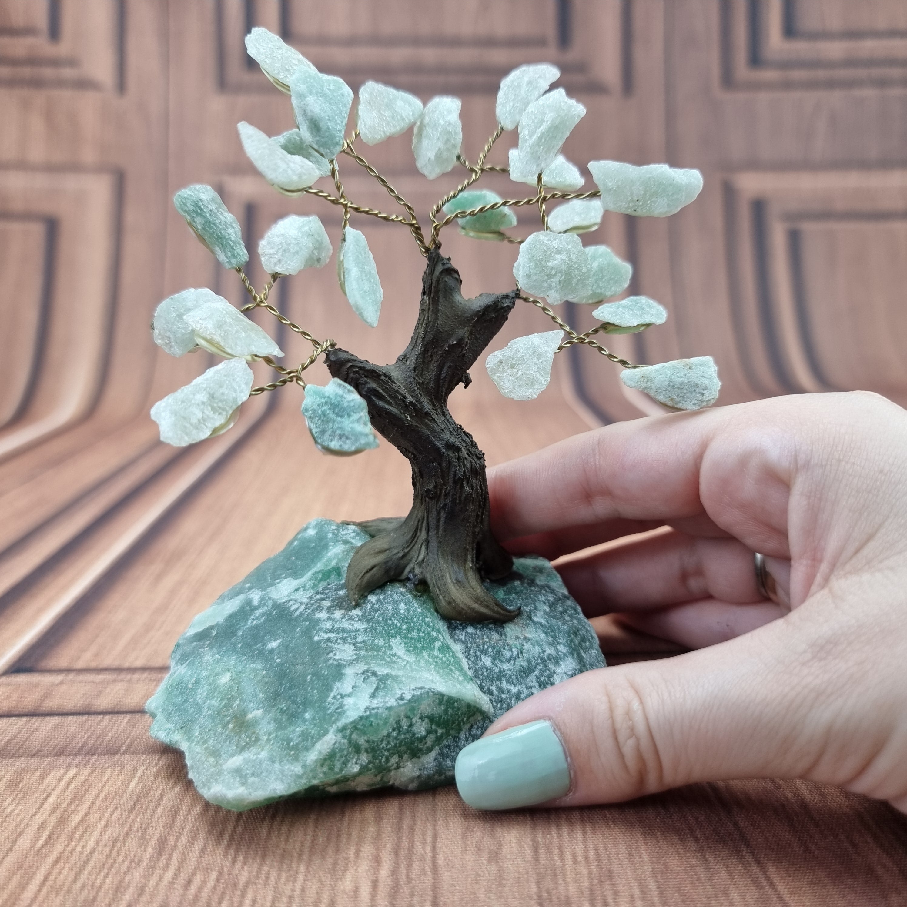 5" Tall Rough Green Quartz Tree, Green Quartz Base, 24 Gems Total Model, 8 branches