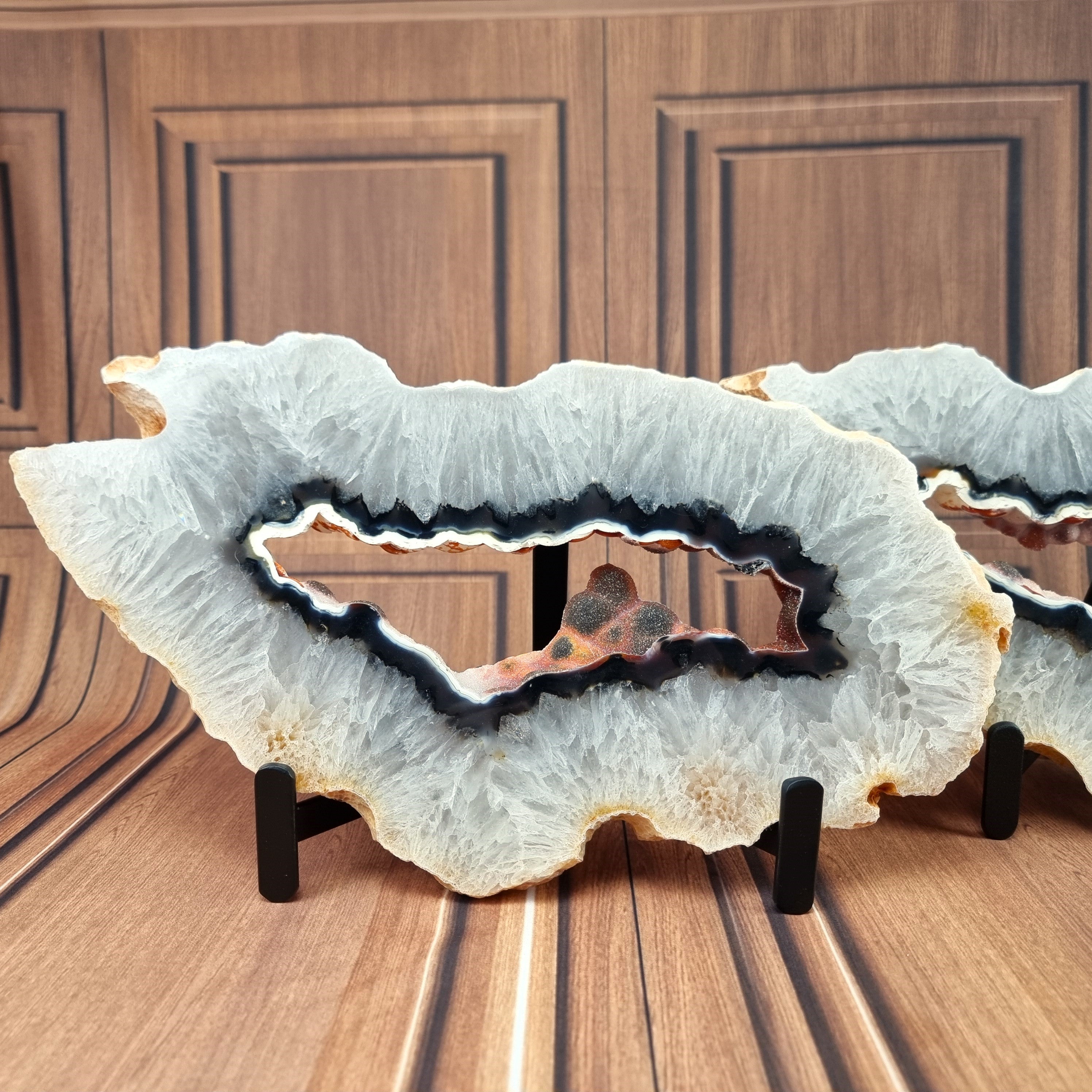 Large Agate 2 piece slab on Stand - Natural Agate Geode Slice - 2 piece set of natural agate slices on metal stand