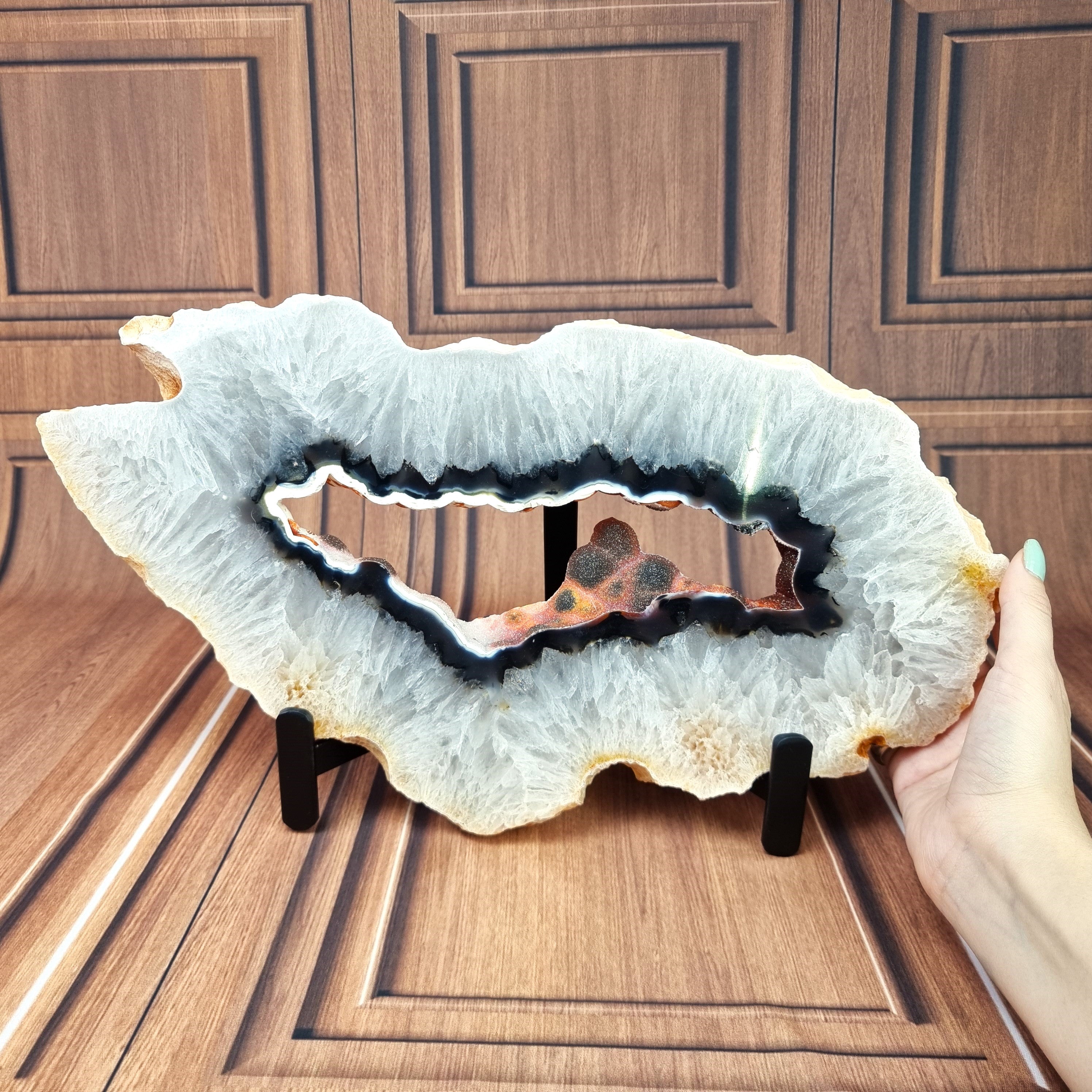 Large Agate 2 piece slab on Stand - Natural Agate Geode Slice - 2 piece set of natural agate slices on metal stand