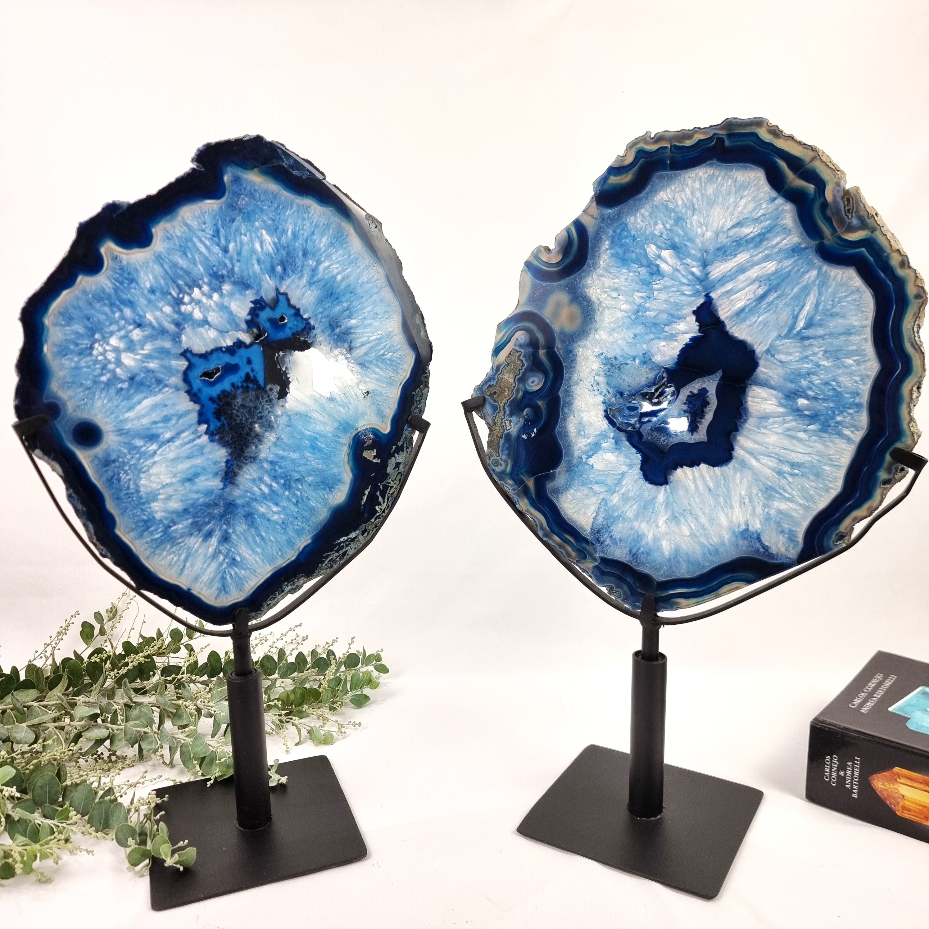 Blue Agate Slabs on Rotating Stand - Set of 2