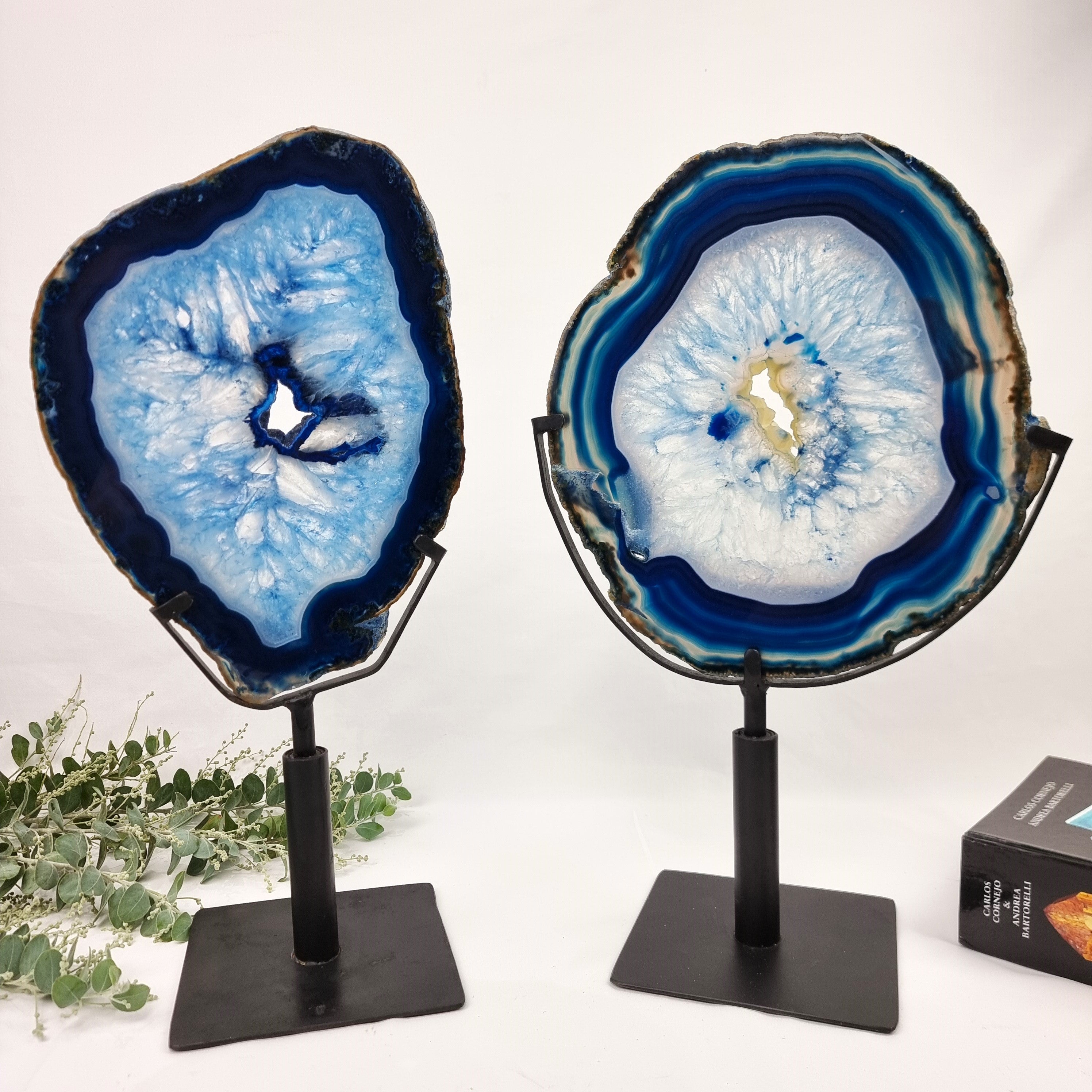 Blue Agate Slabs on Rotating Stand - Set of 2