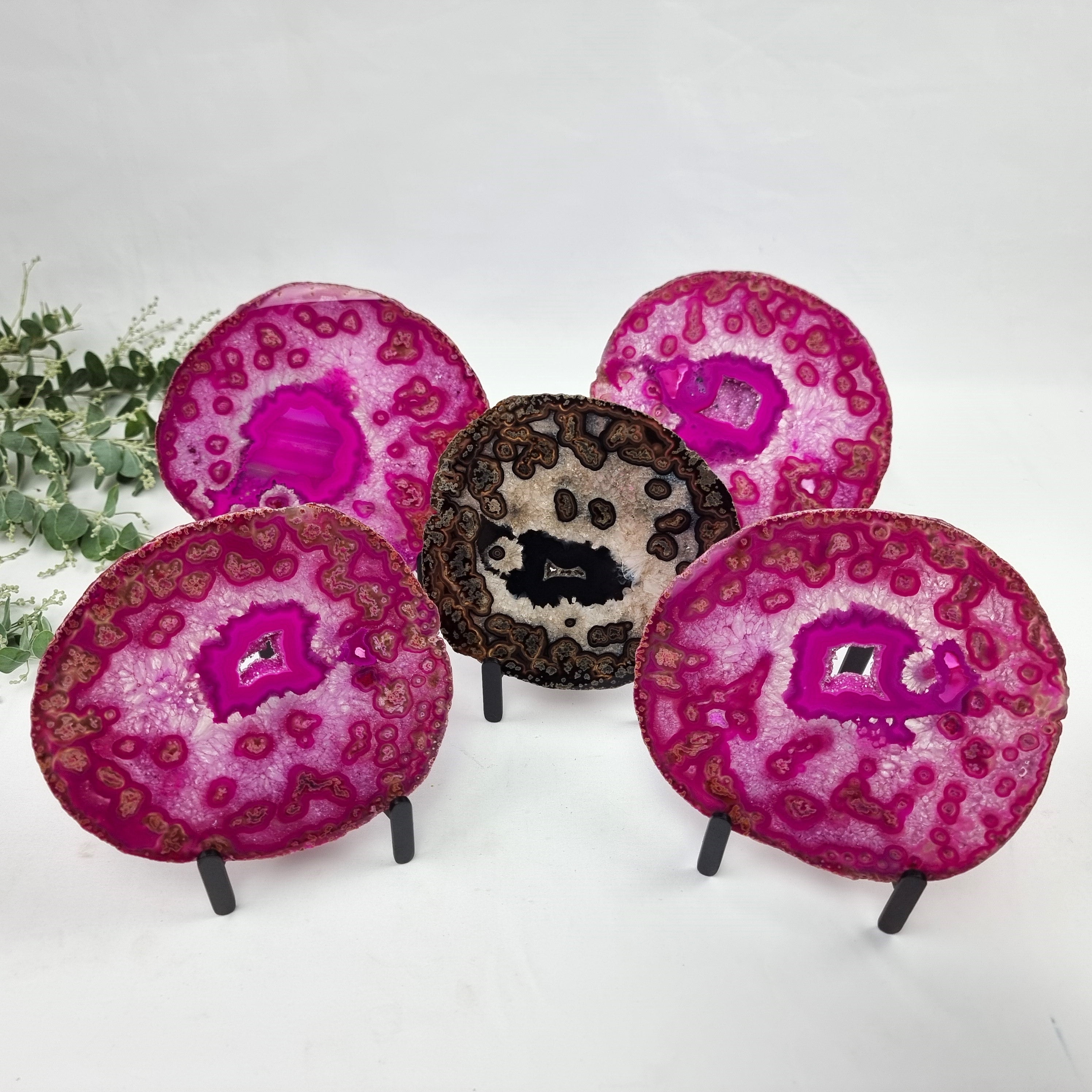 Pink and Natural Agate Slabs on Metal Stand - Set of 5