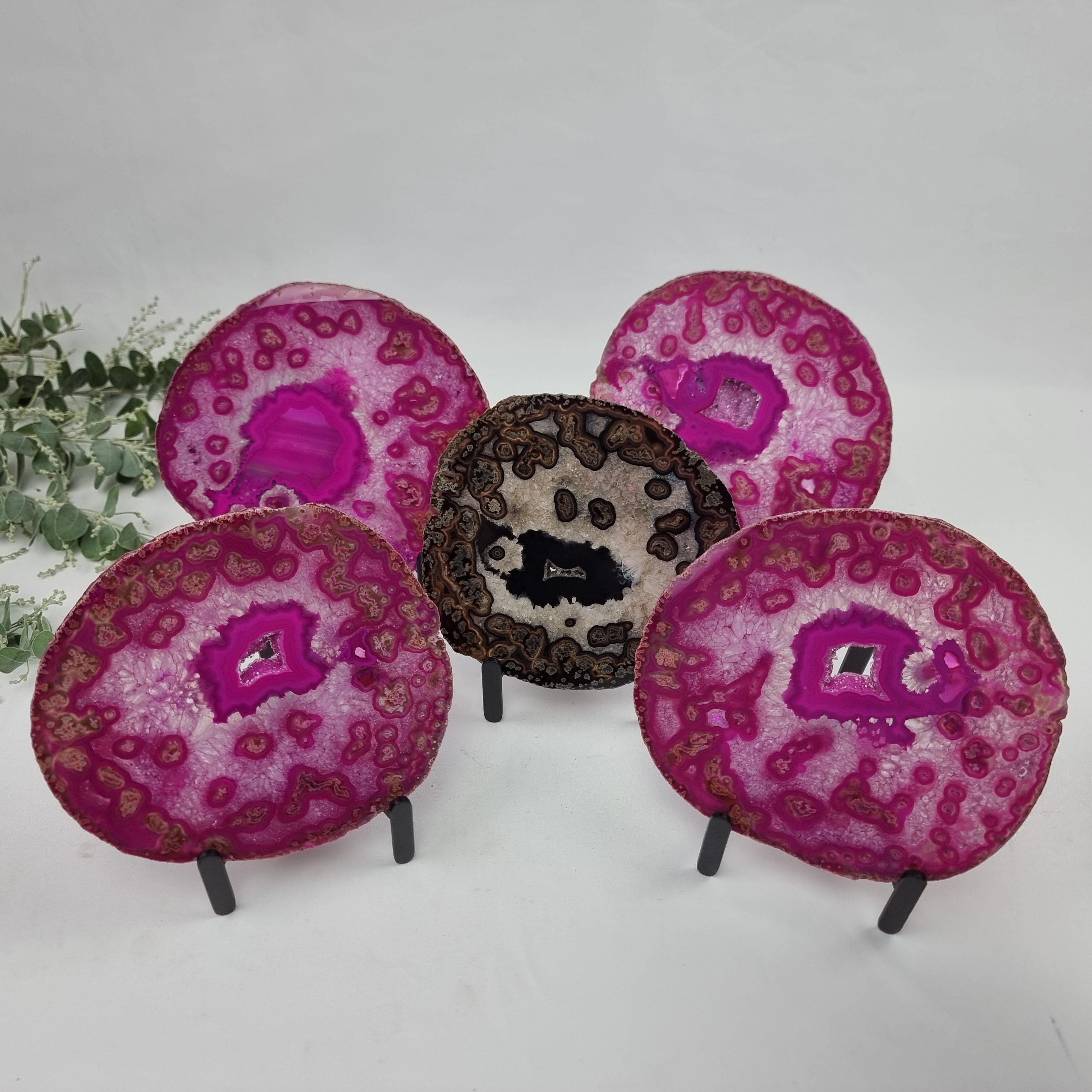 Pink and Natural Agate Slabs on Metal Stand - Set of 5