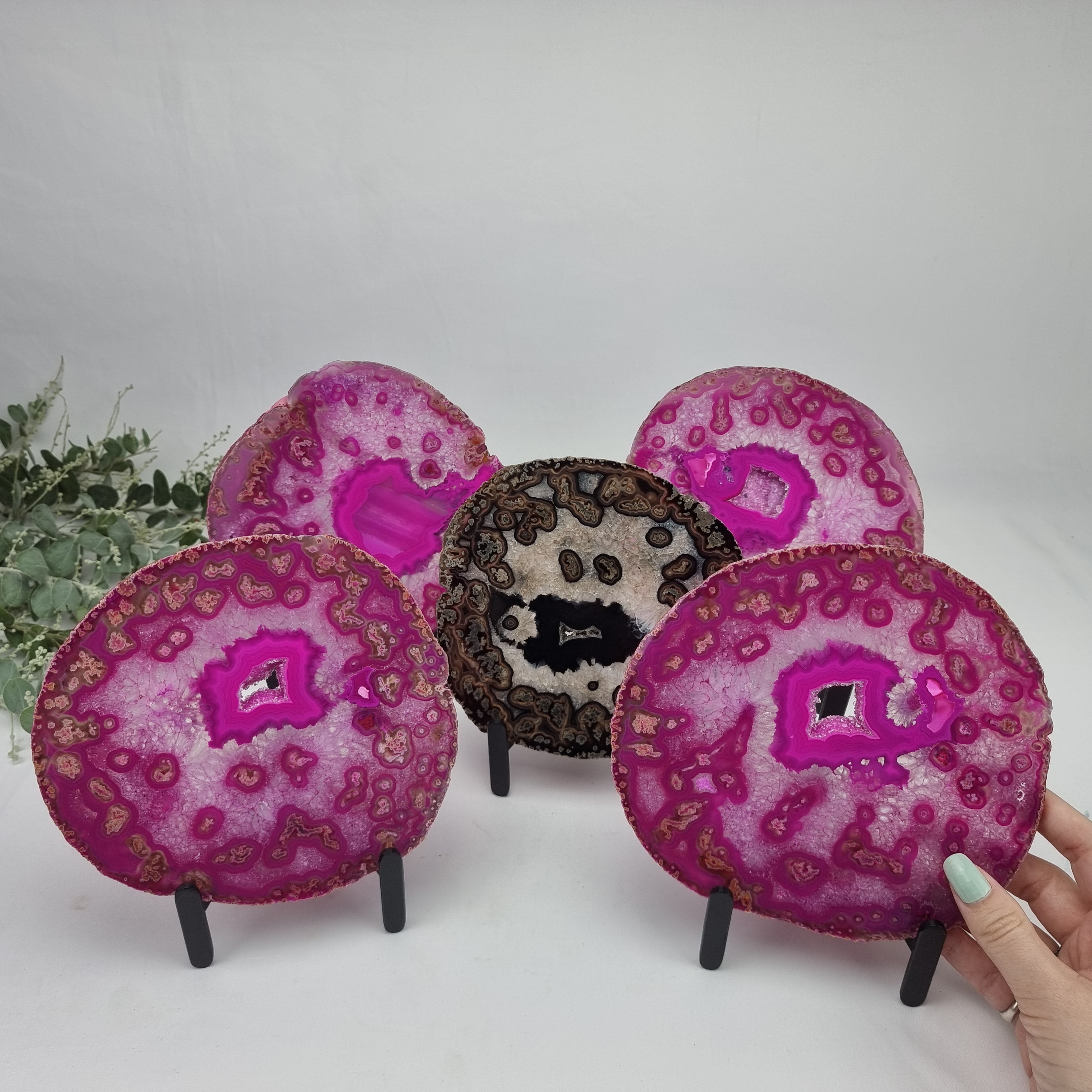 Pink and Natural Agate Slabs on Metal Stand - Set of 5