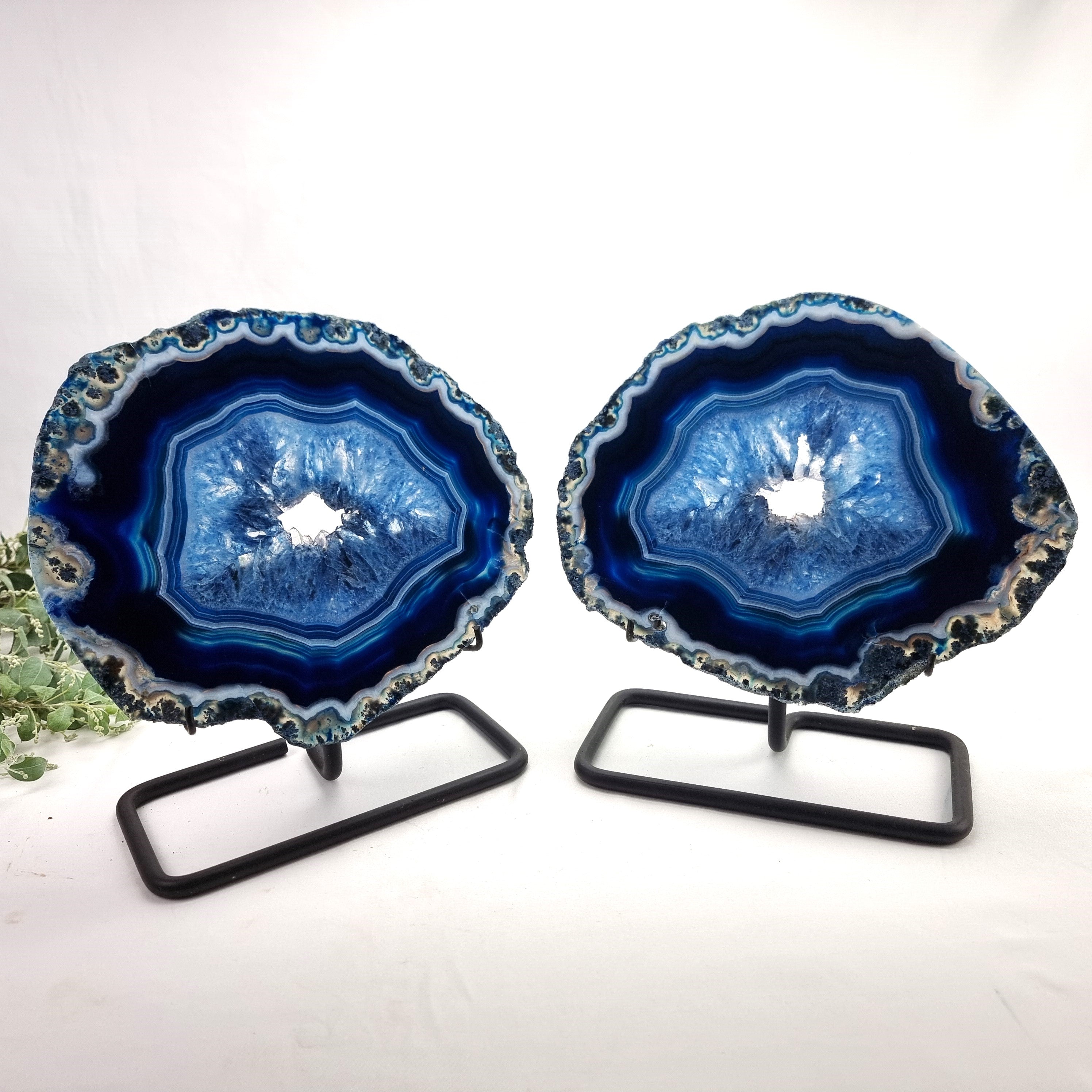 Blue Agate Slabs on Metal Stand - Set of 2