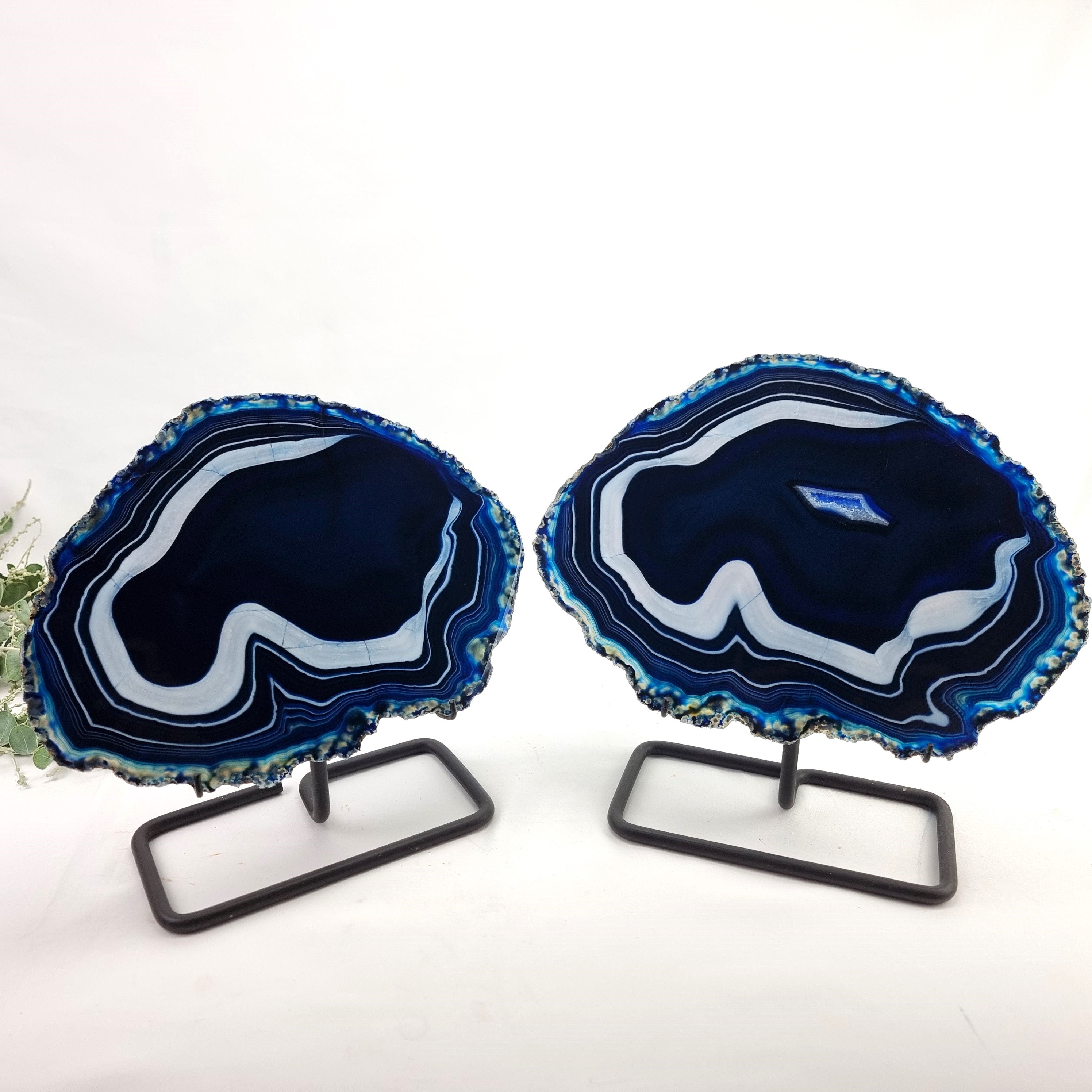 Blue Agate Slabs on Metal Stand - Set of 2