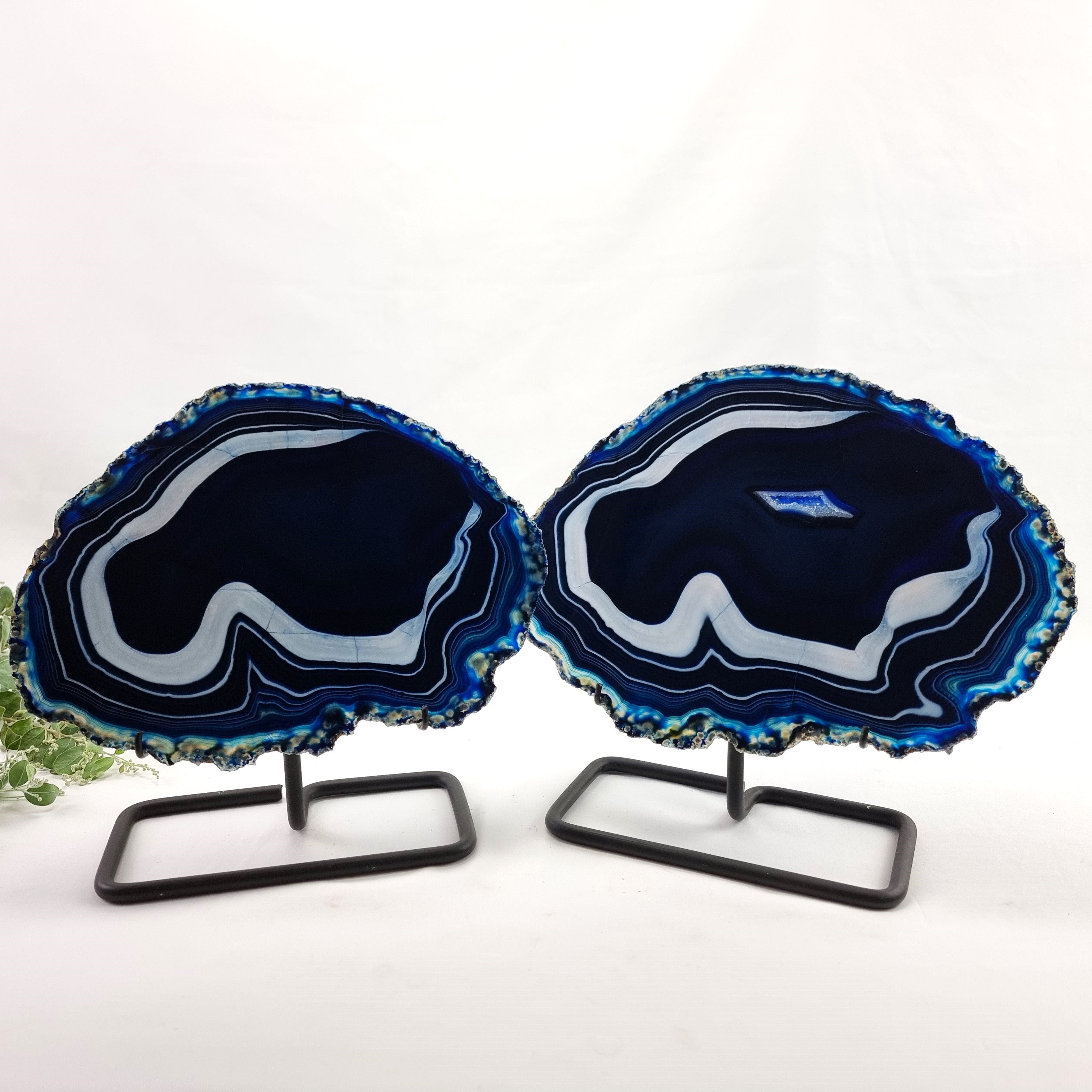 Blue Agate Slabs on Metal Stand - Set of 2