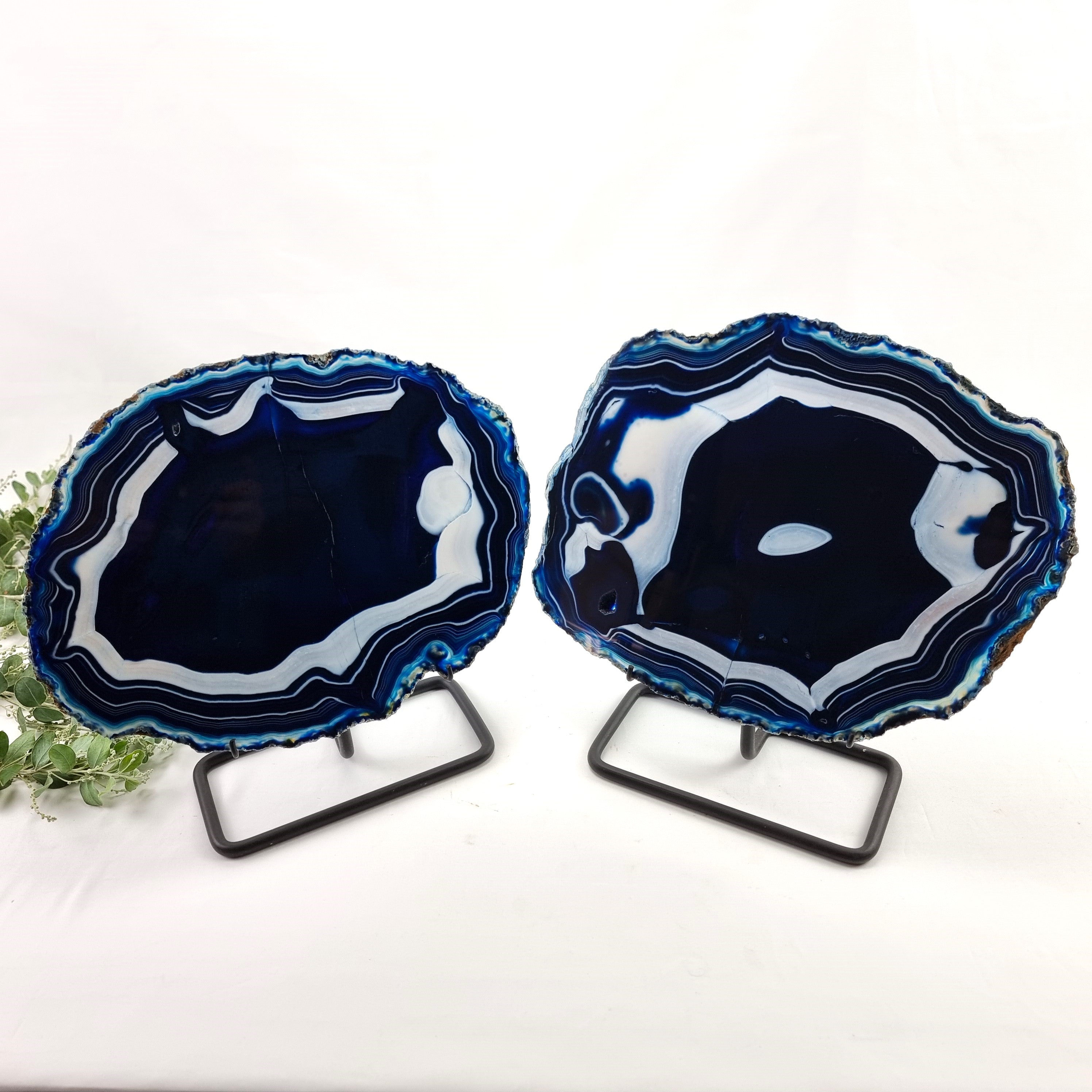 Blue Agate Slabs on Metal Stand - Set of 2