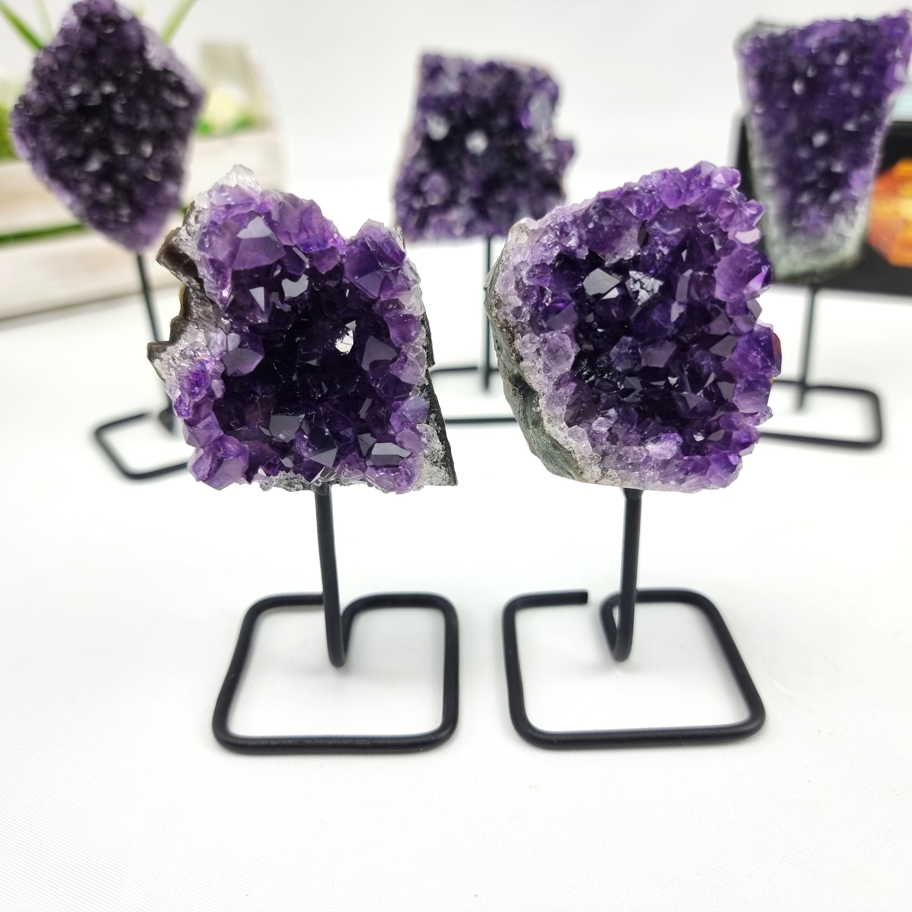 Amethyst Stone on Stand - Set of 2 - Amethyst Crystal on Stand - Amethyst Cluster on Metal Stand