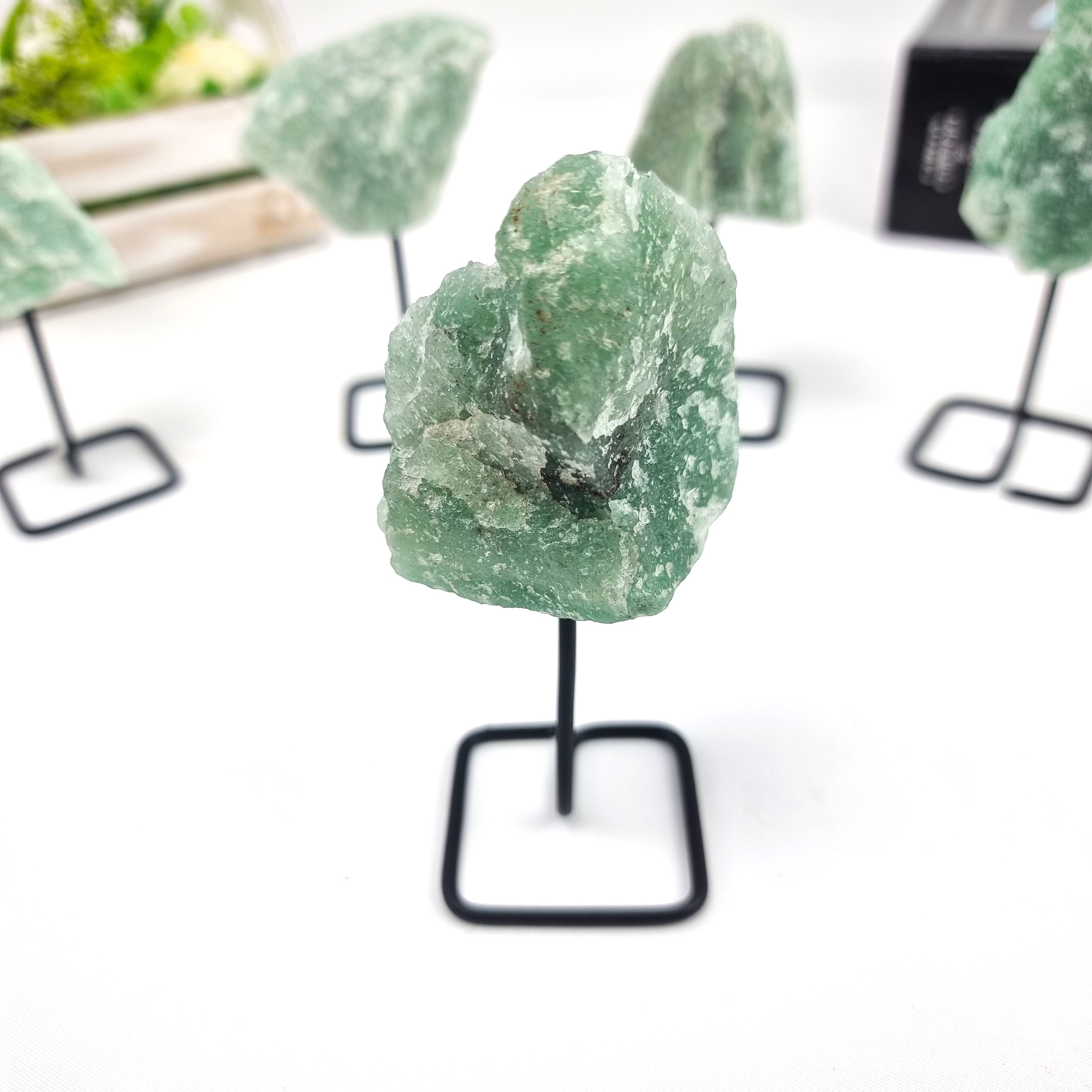 Green Quartz Stone on Stand - Set of 2 - Green Quartz Crystal on Stand - Green Quartz Cluster on Metal Stand