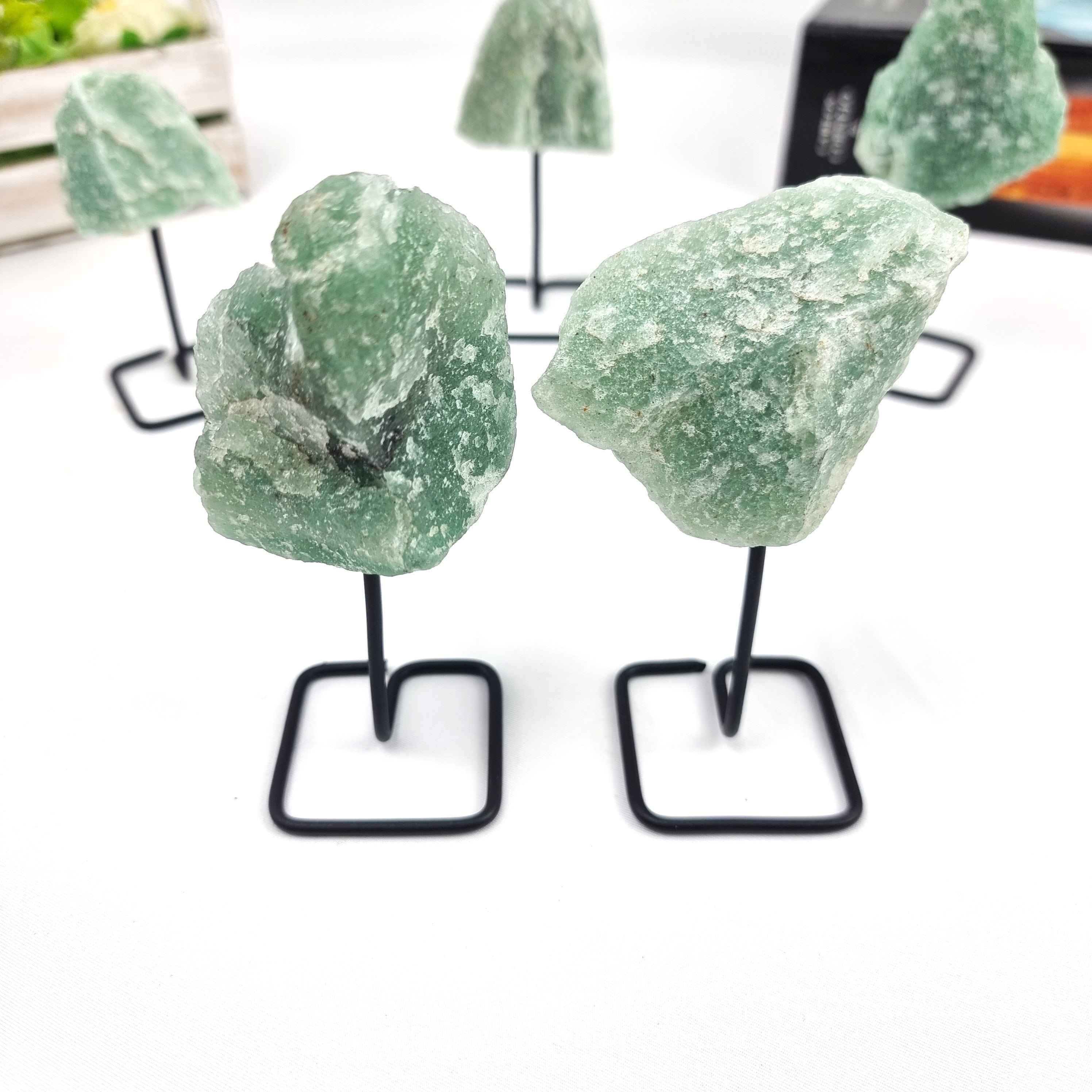 Green Quartz Stone on Stand - Set of 2 - Green Quartz Crystal on Stand - Green Quartz Cluster on Metal Stand