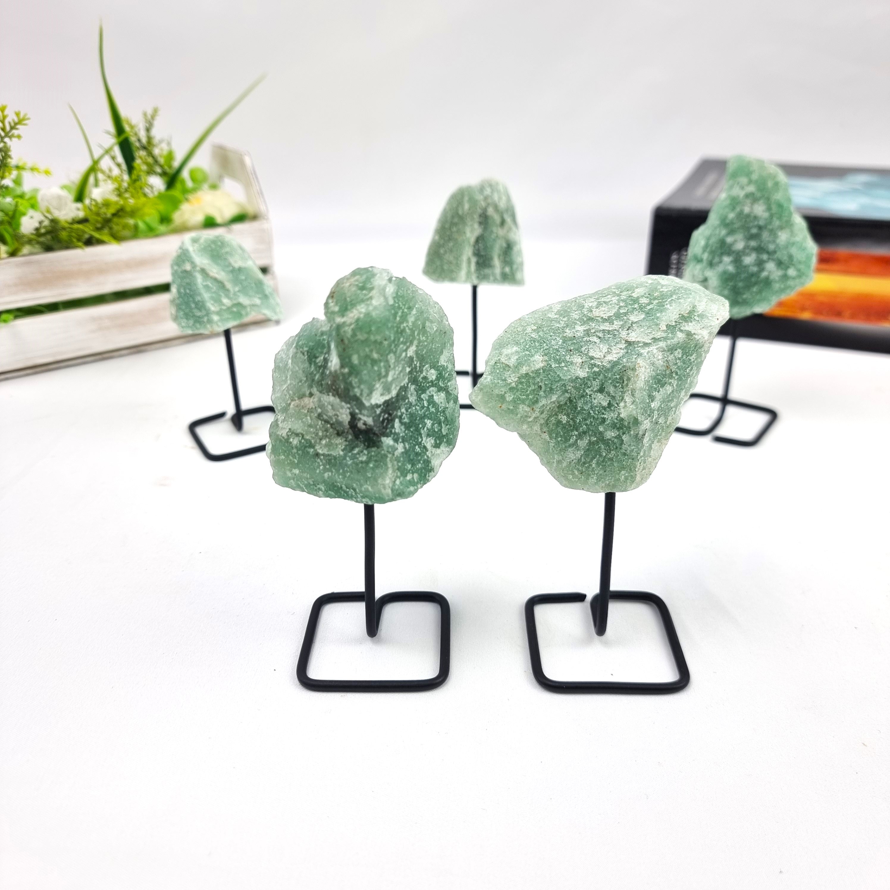 Green Quartz Stone on Stand - Set of 2 - Green Quartz Crystal on Stand - Green Quartz Cluster on Metal Stand