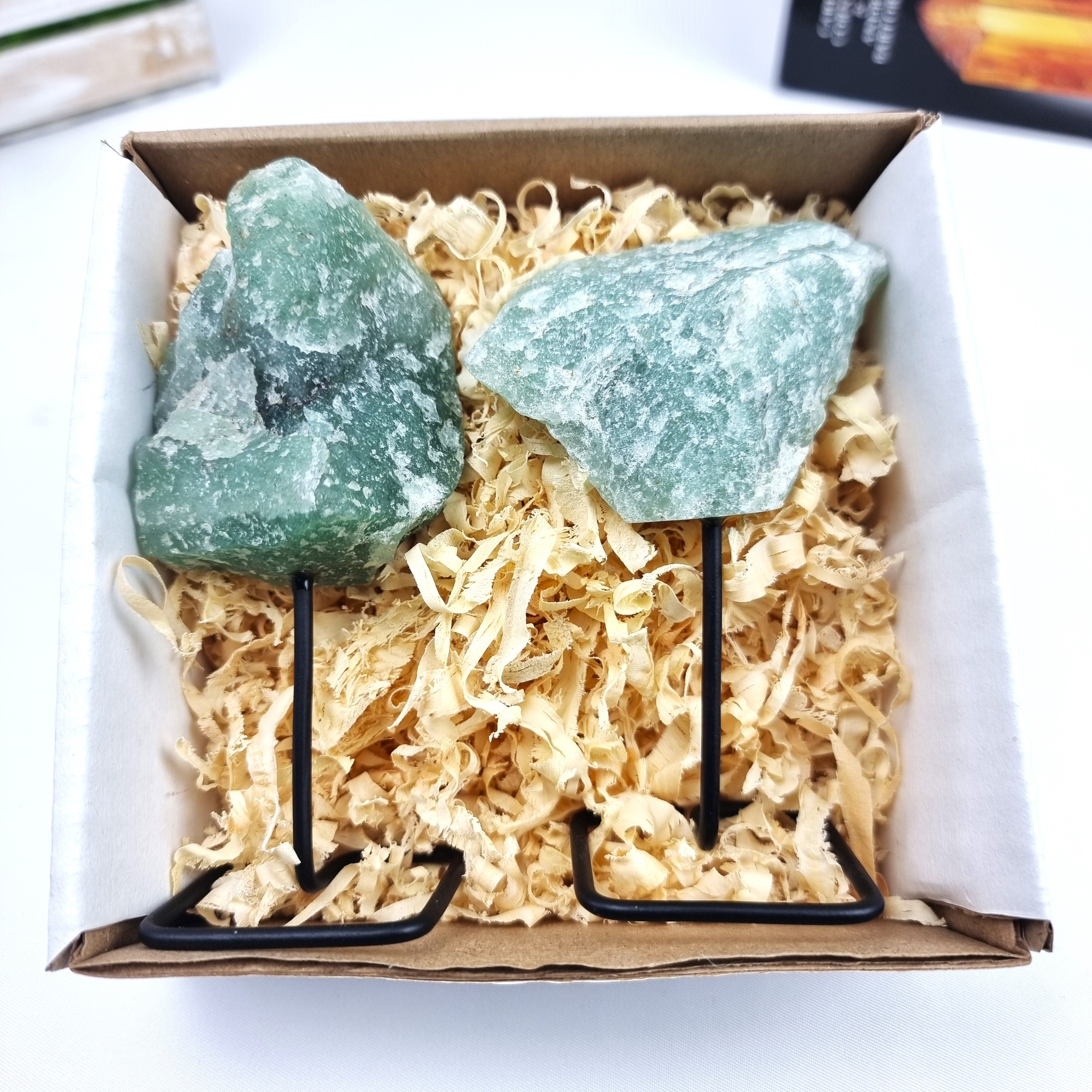 Green Quartz Stone on Stand - Set of 2 - Green Quartz Crystal on Stand - Green Quartz Cluster on Metal Stand