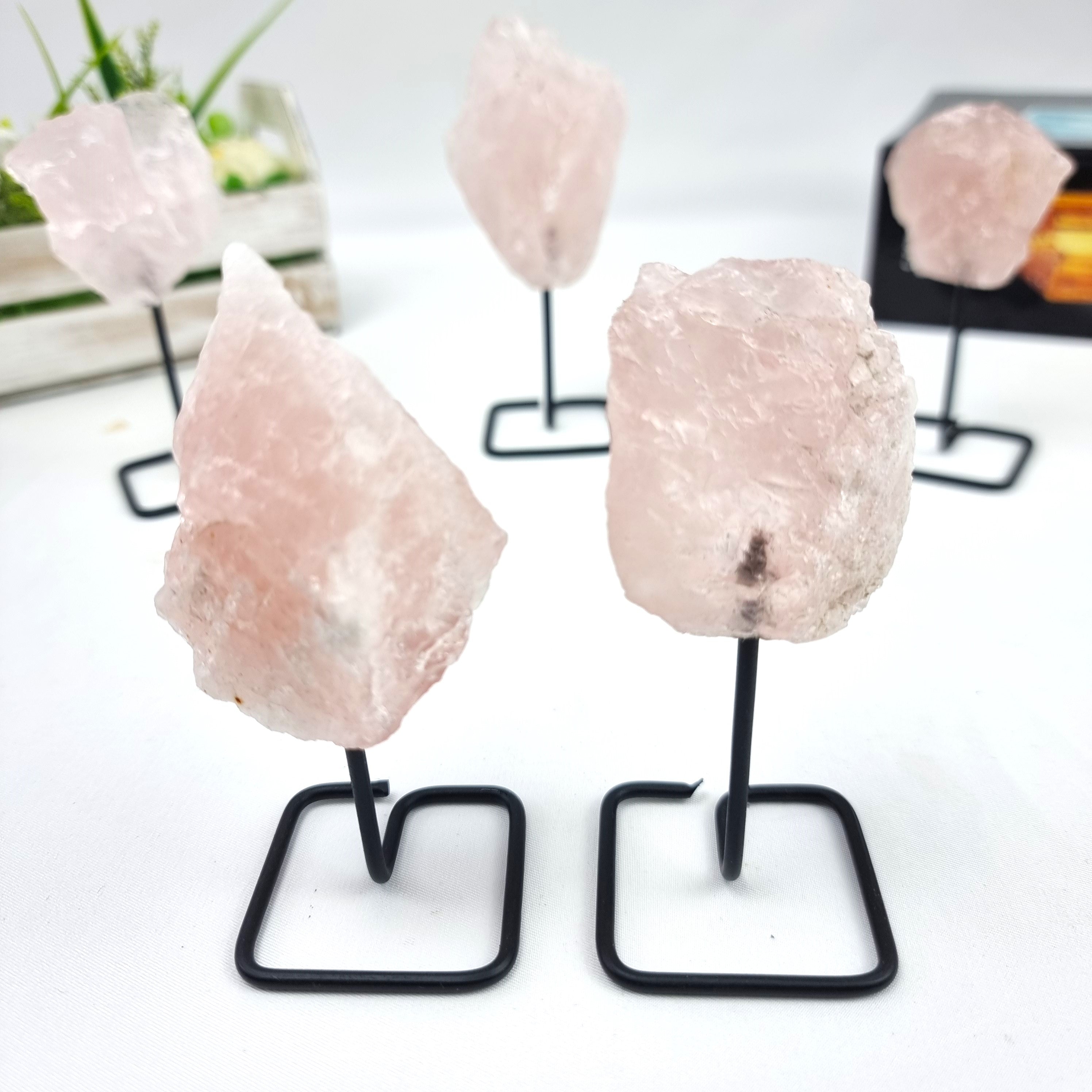 Rose Quartz Stone on Stand  Rose Quartz Crystal on Stand - Rose Quartz Cluster on Metal Stand