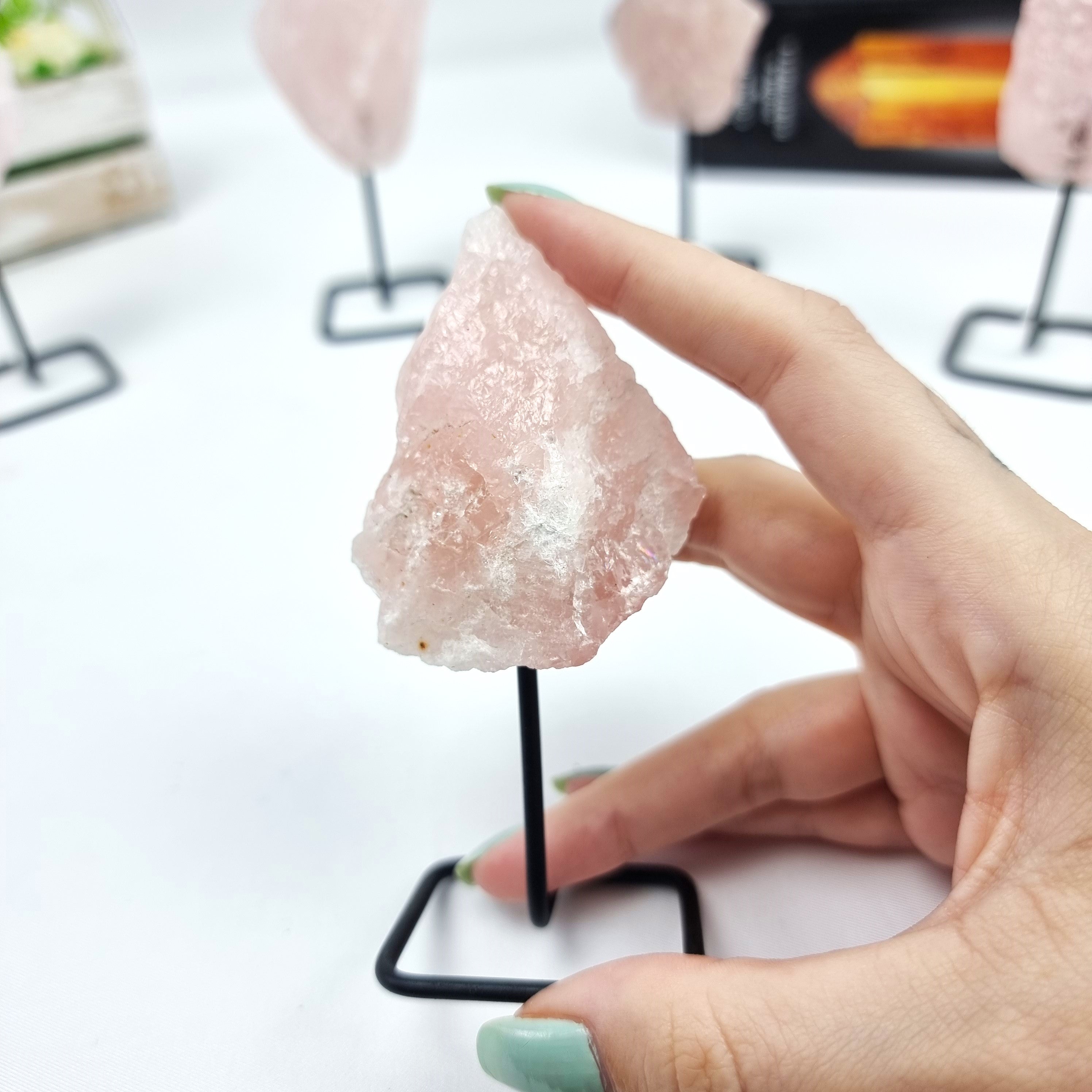 Rose Quartz Stone on Stand - Set of 2 - Rose Quartz Crystal on Stand - Rose Quartz Cluster on Metal Stand