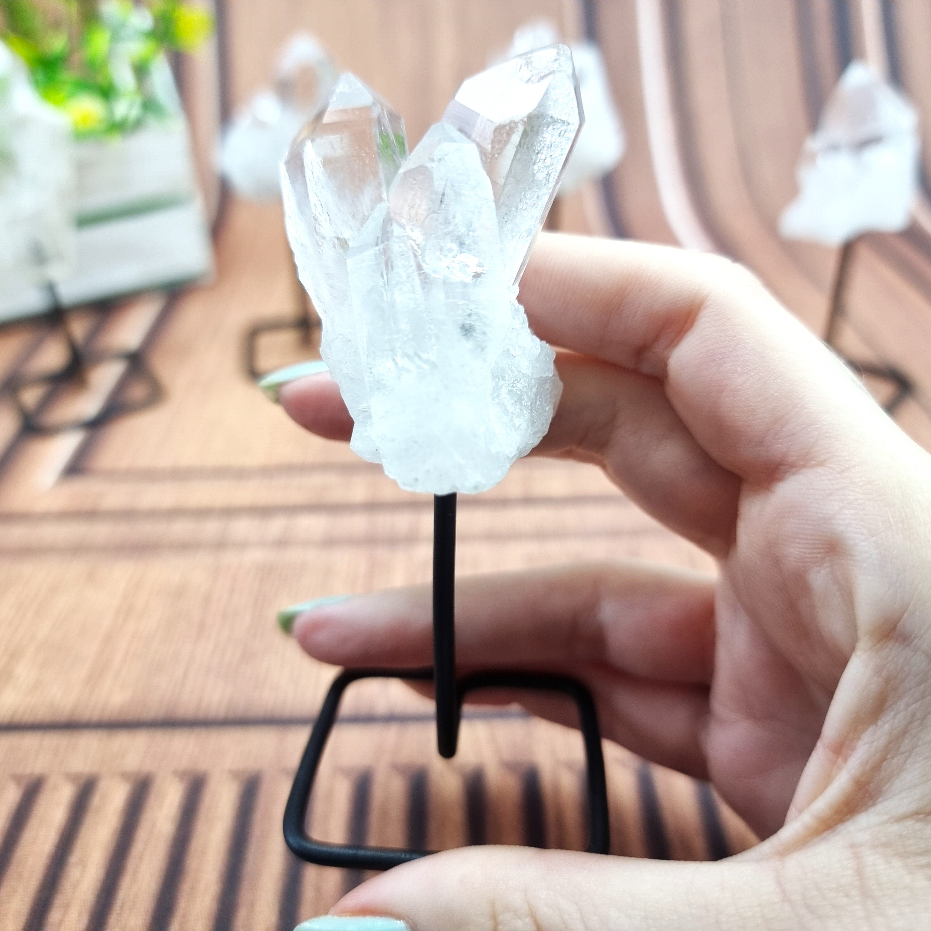 Crystal Quartz Stone on Stand - Set of 2 - Clear Quartz Crystal on Stand - Crystal Quartz Cluster on Metal Stand