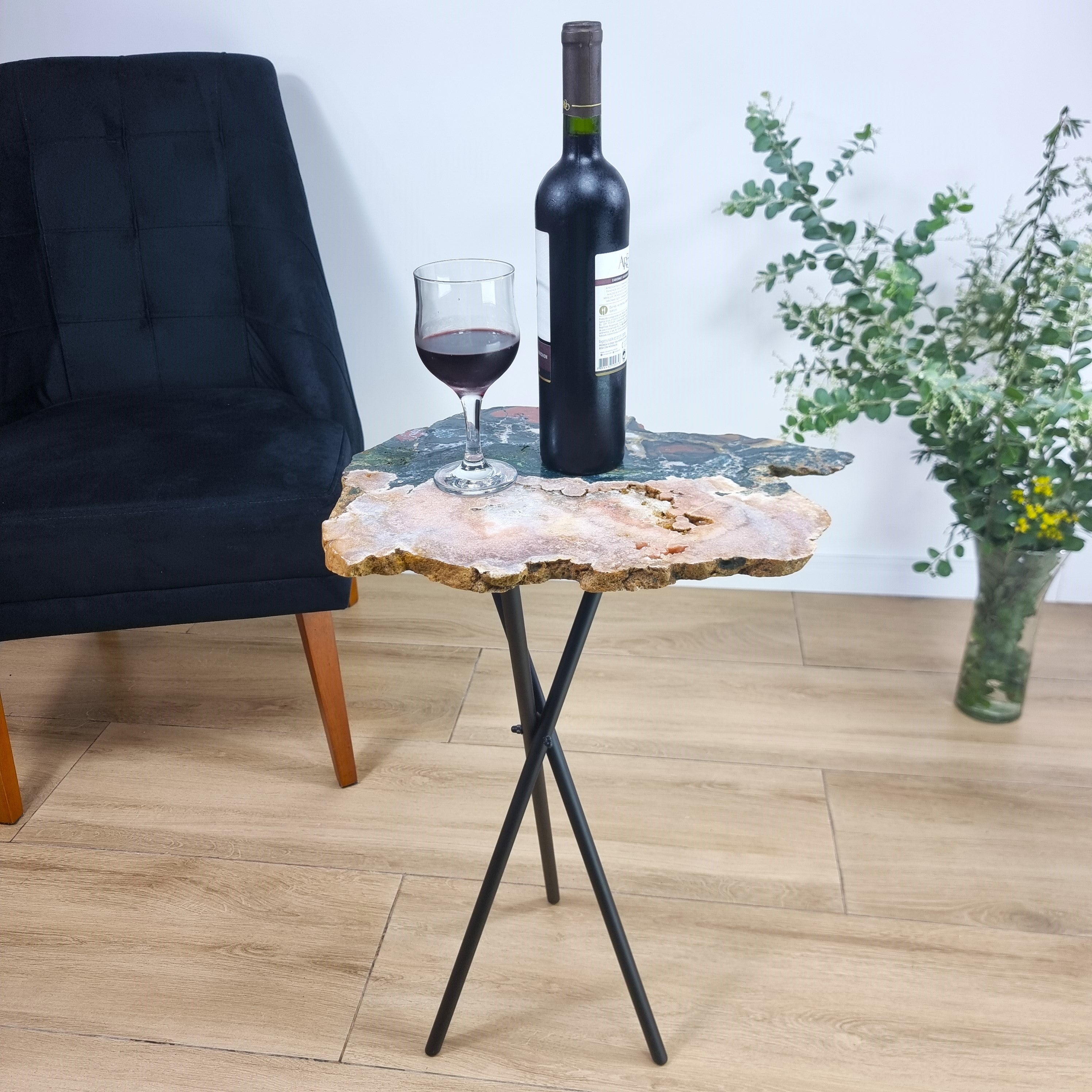 Side Table Pink Amethyst and Jaspe Crystal Table with black