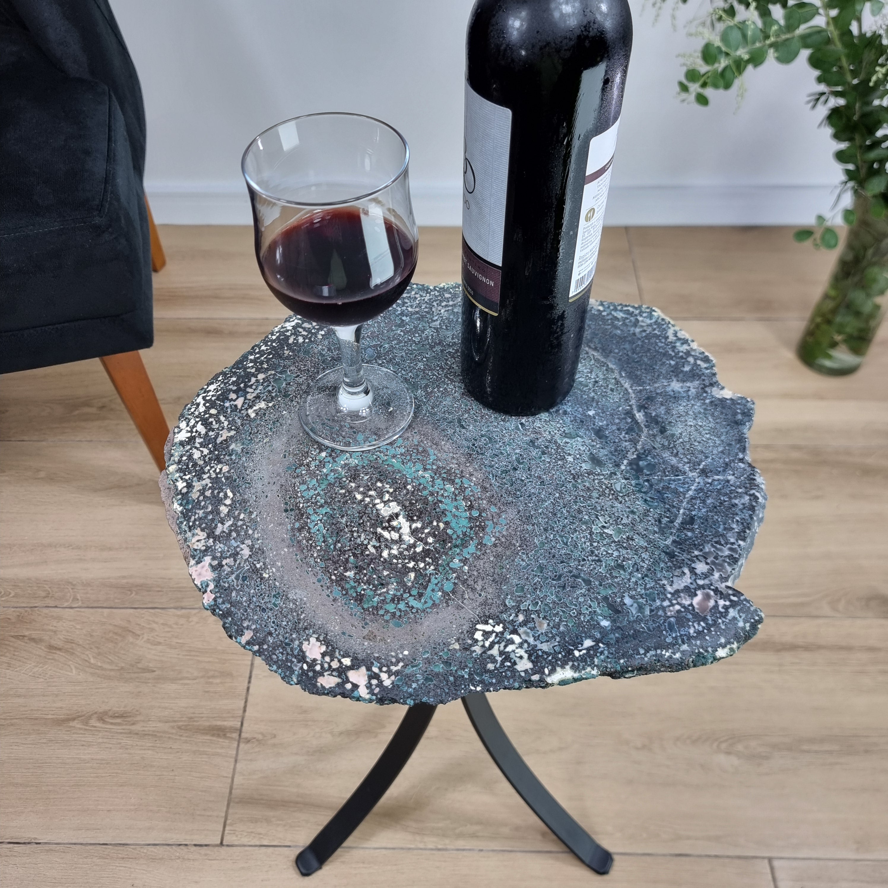 Moss Green Agate Side Table | Black Tripod Base | 60 cm Height - BR Crystals Handmade Piece