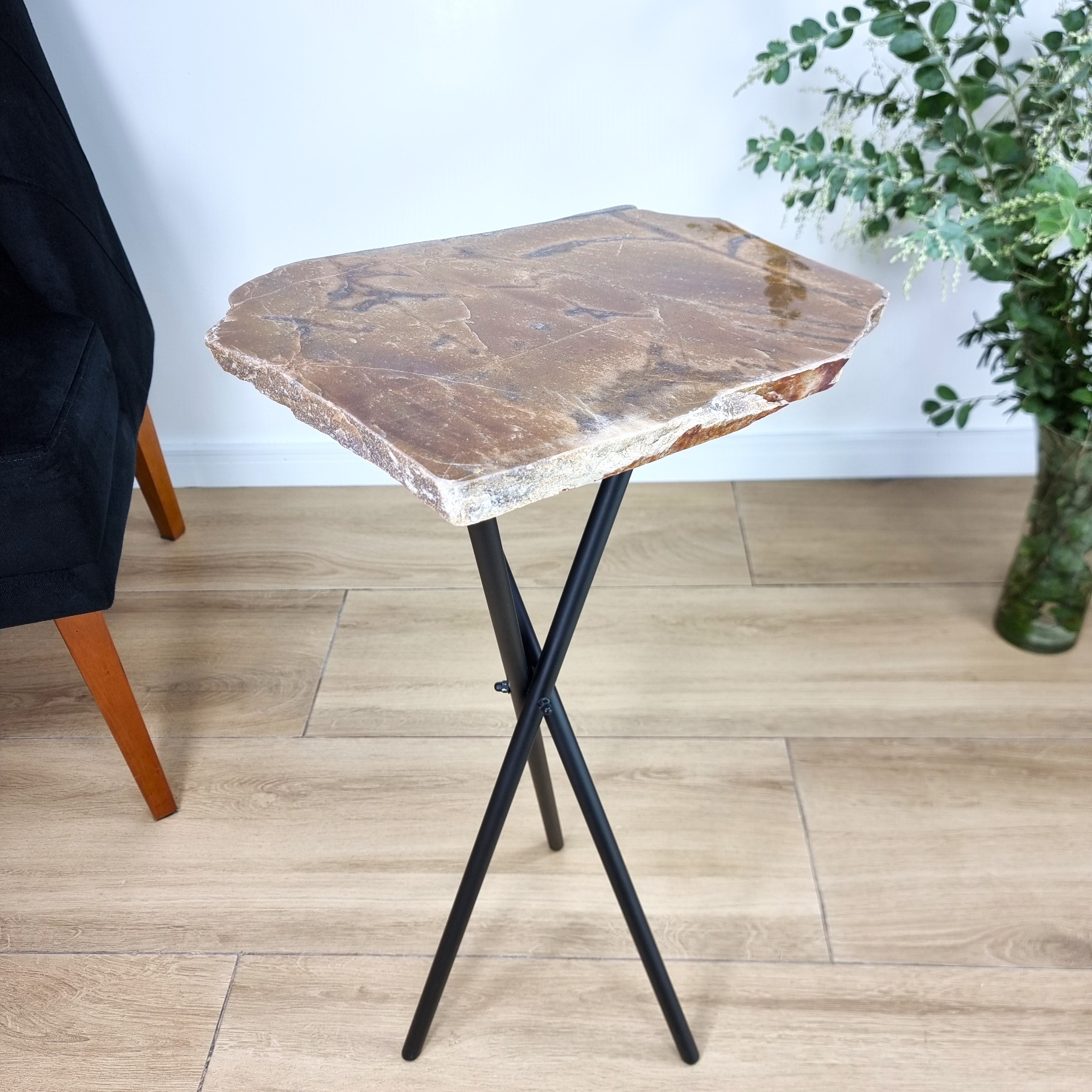 Brown Jasper Side Table - Jasper Stone Table Top with with Black legs 23 inches high, total weight 11.5 pounds