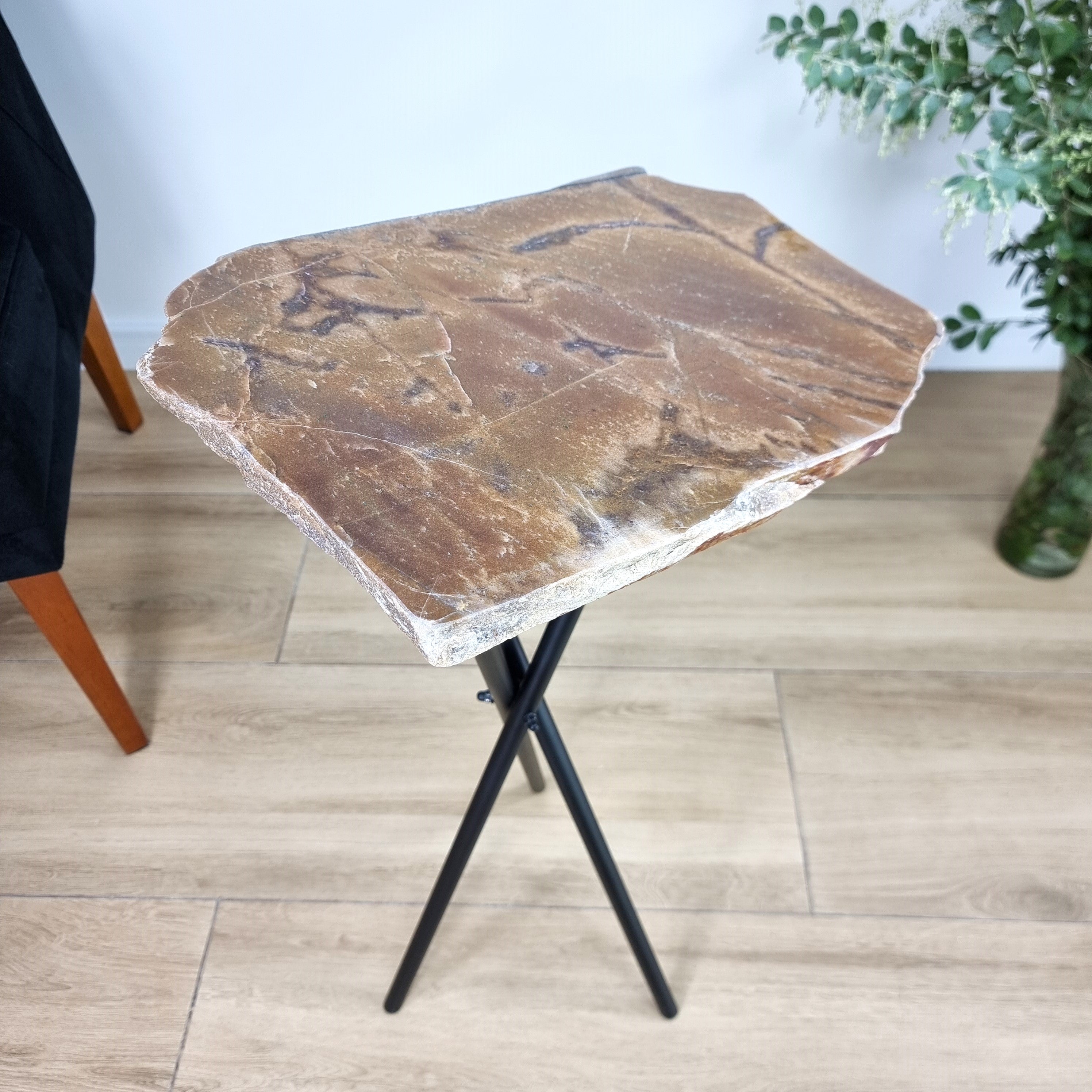 Brown Jasper Side Table - Jasper Stone Table Top with with Black legs 23 inches high, total weight 11.5 pounds