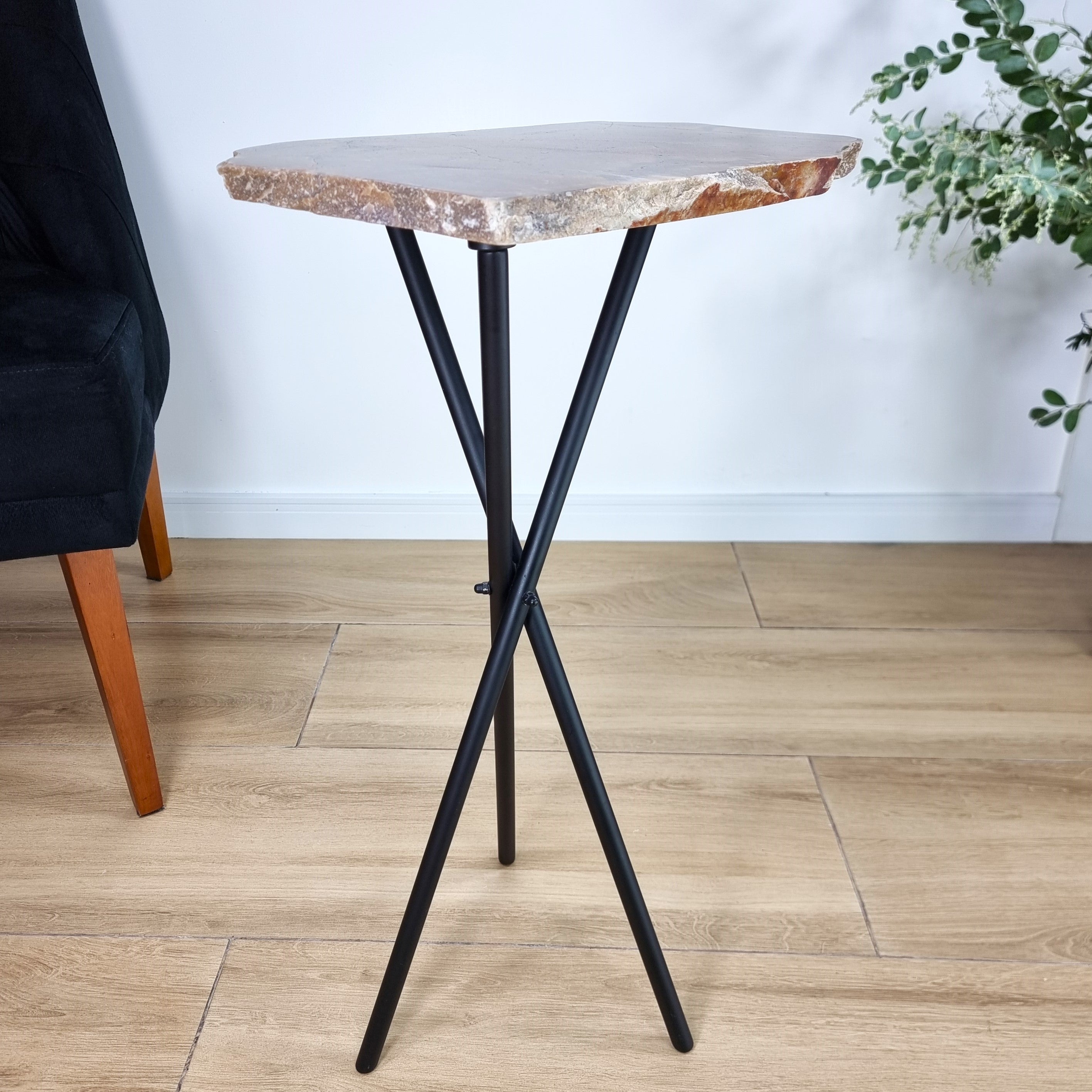 Brown Jasper Side Table - Jasper Stone Table Top with with Black legs 23 inches high, total weight 11.5 pounds