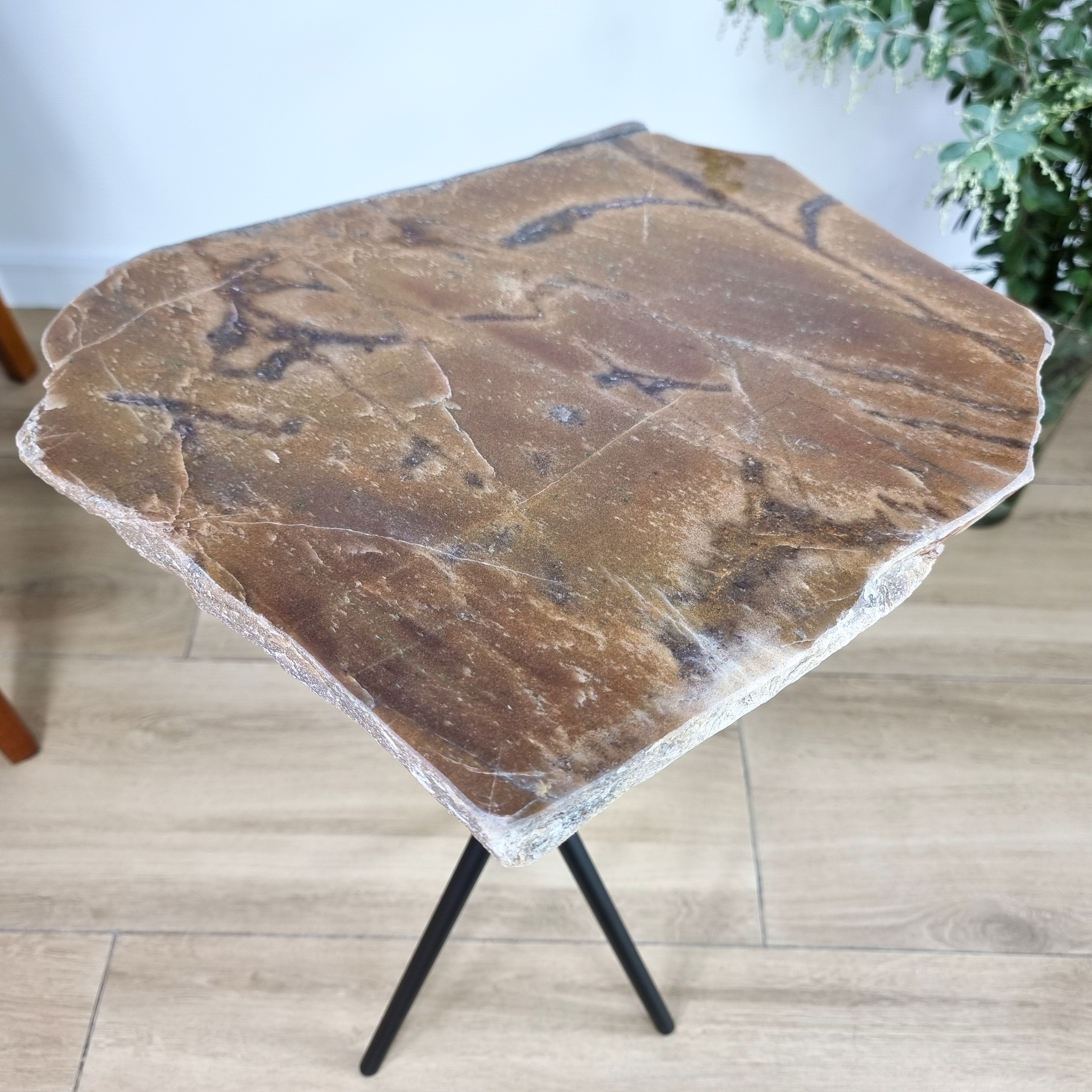 Brown Jasper Side Table - Jasper Stone Table Top with with Black legs 23 inches high, total weight 11.5 pounds