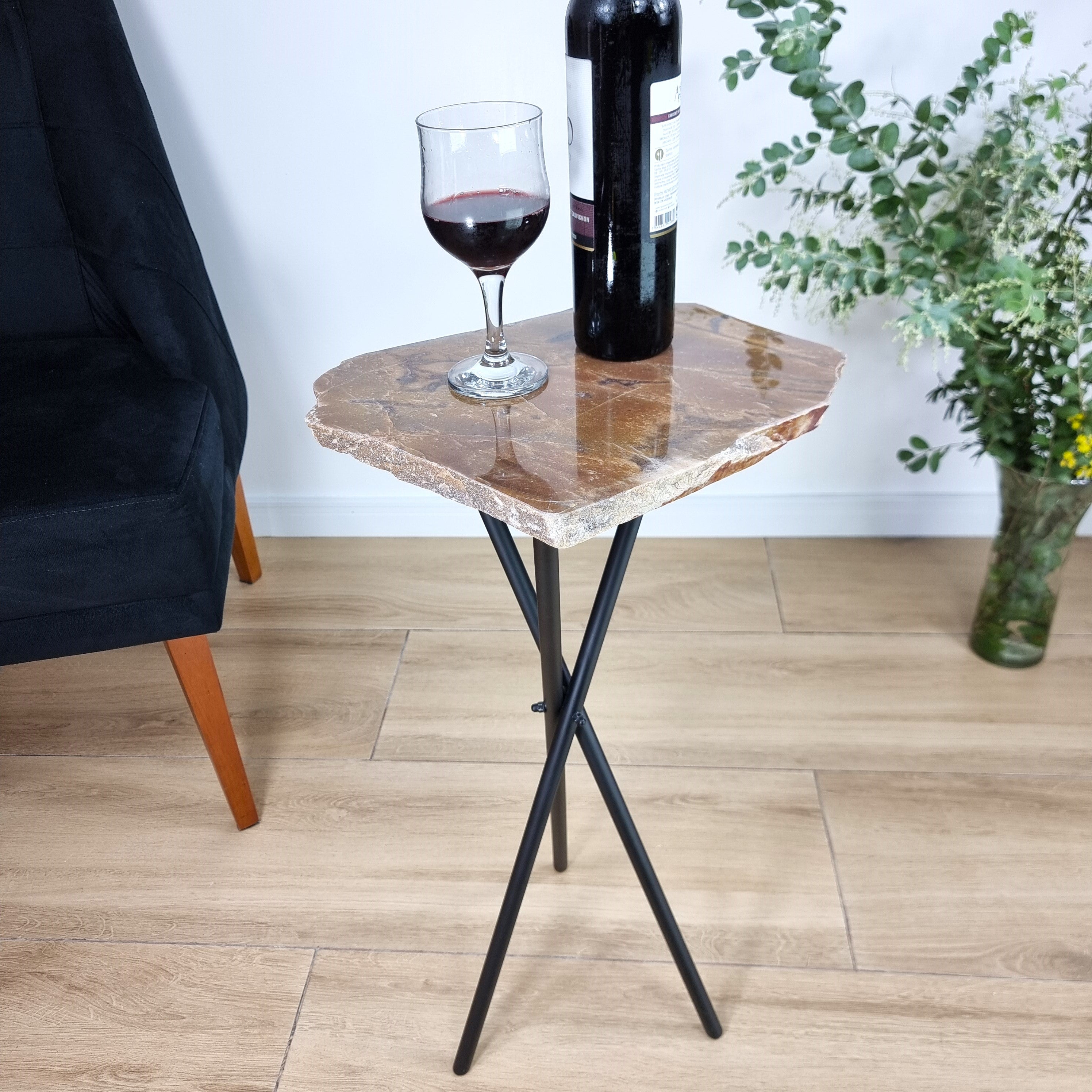 Brown Jasper Side Table - Jasper Stone Table Top with with Black legs 23 inches high, total weight 11.5 pounds