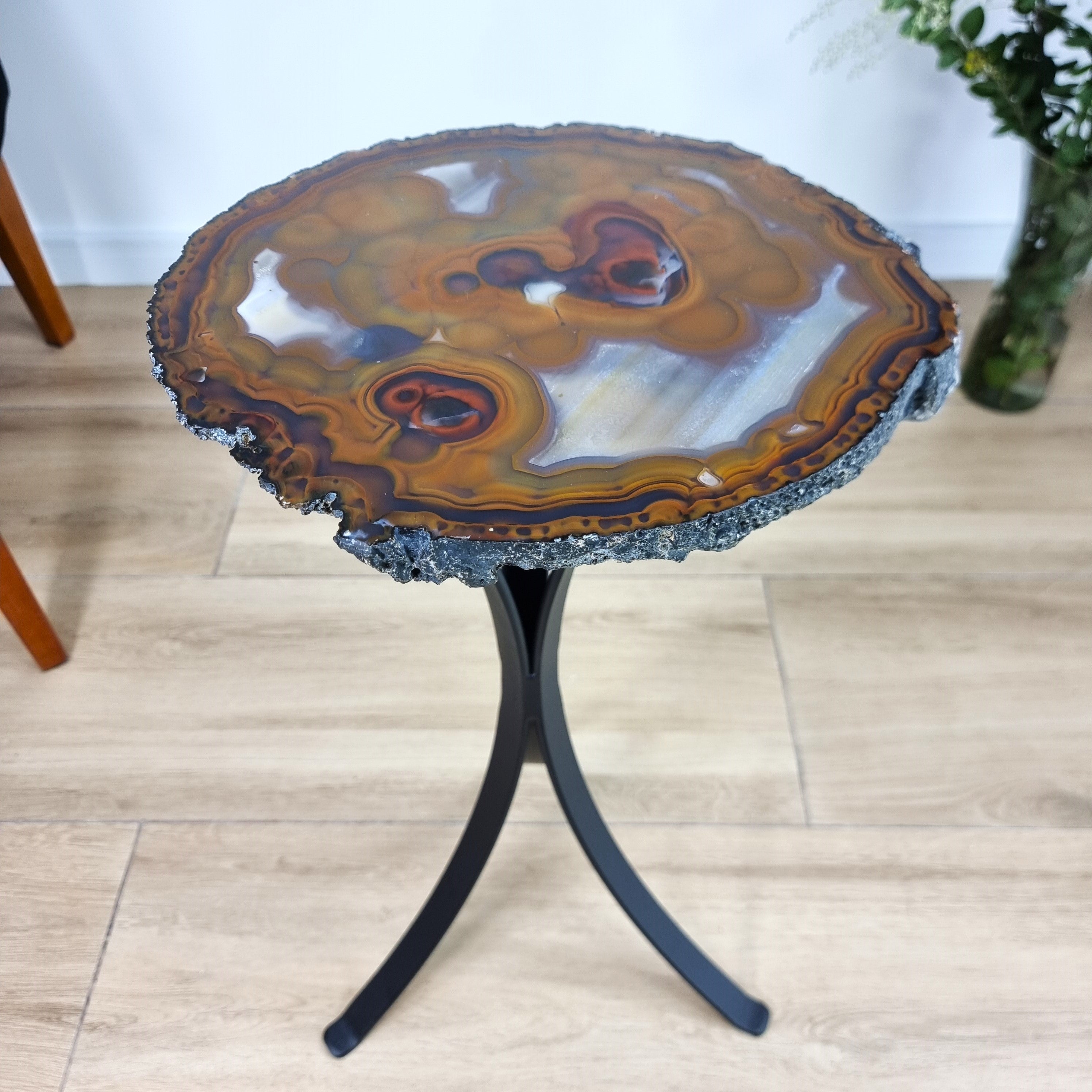 Natural Brazilian Agate Side Table on a black metal base 23 inches high, total weight 14 pounds