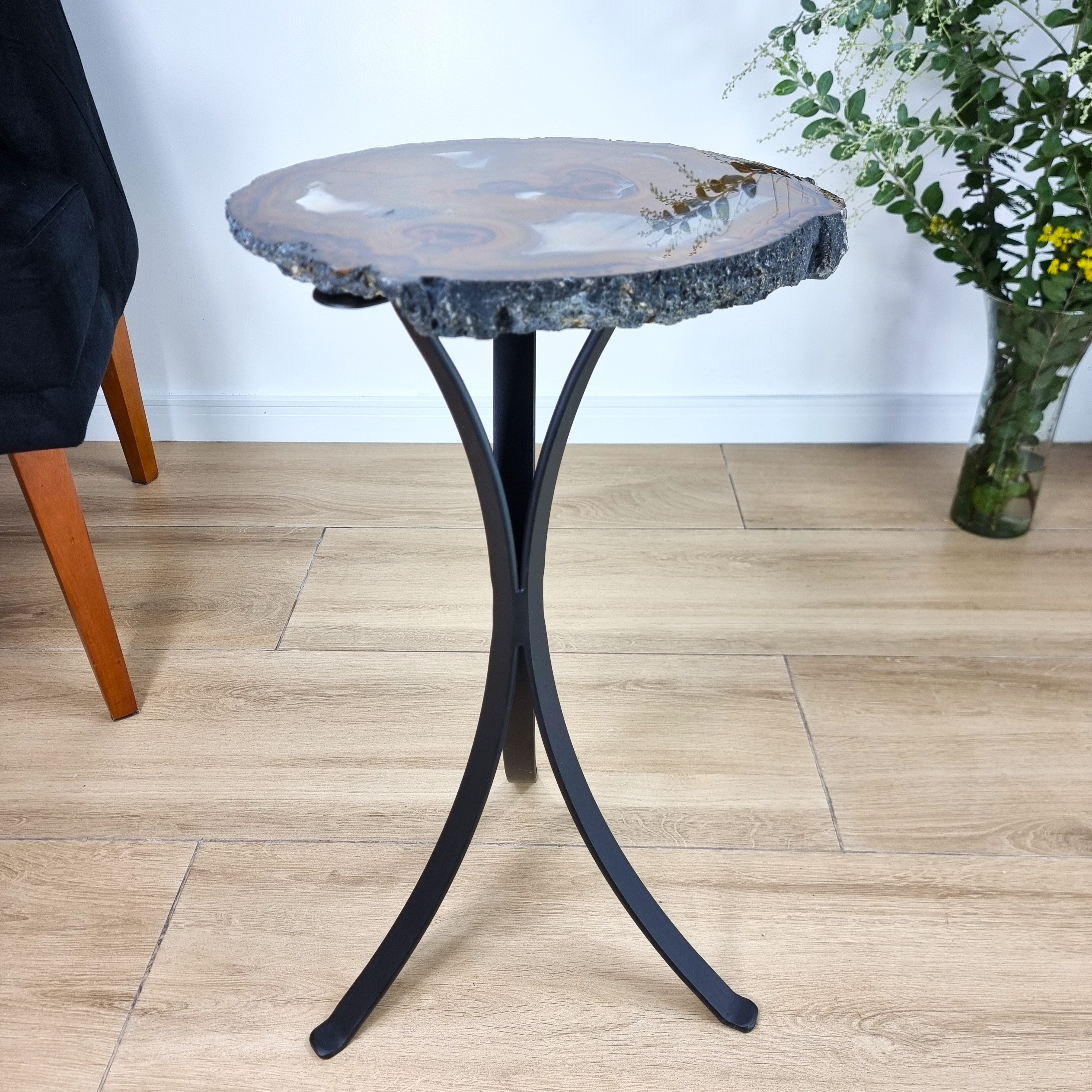 Natural Brazilian Agate Side Table on a black metal base 23 inches high, total weight 14 pounds