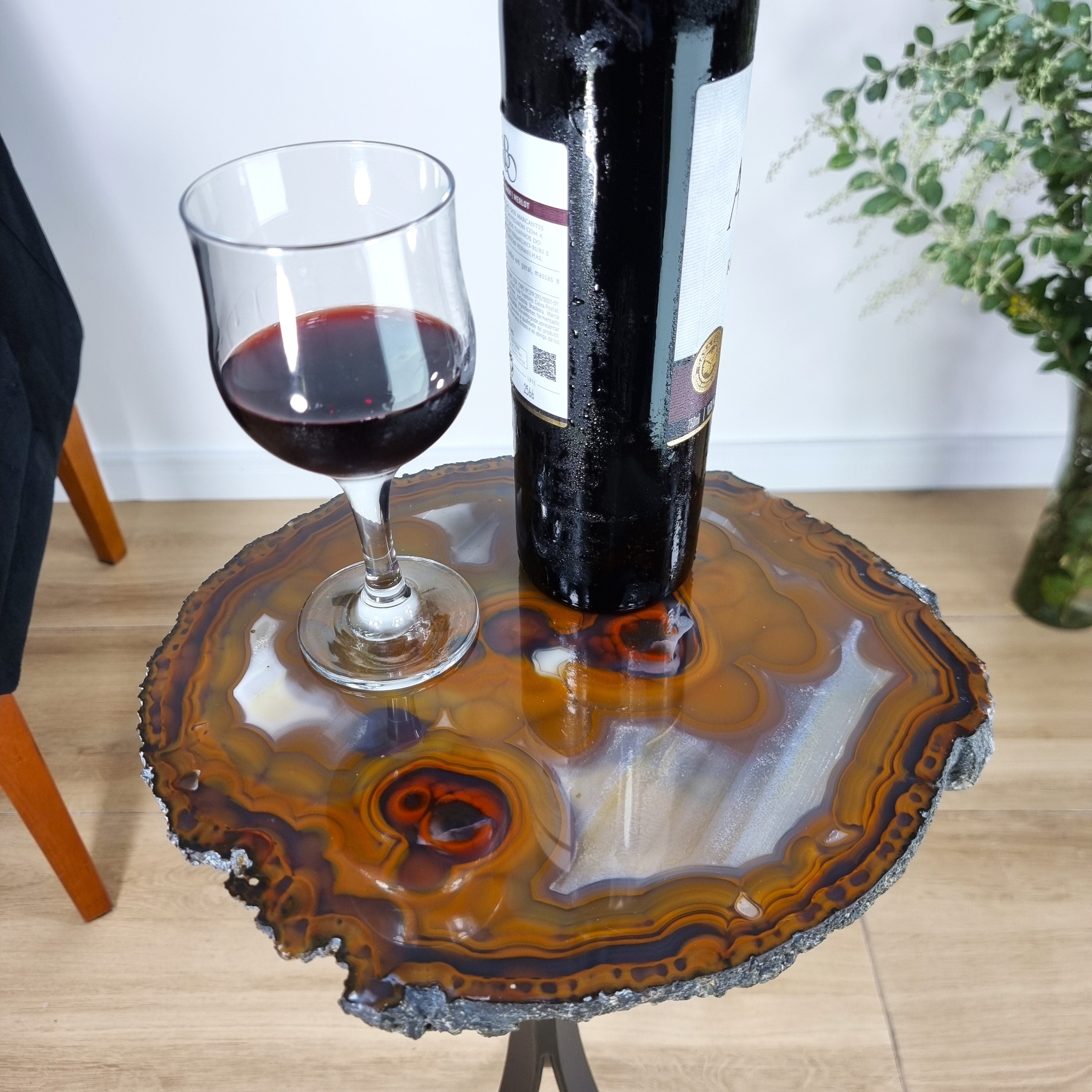 Natural Brazilian Agate Side Table on a black metal base 23 inches high, total weight 14 pounds