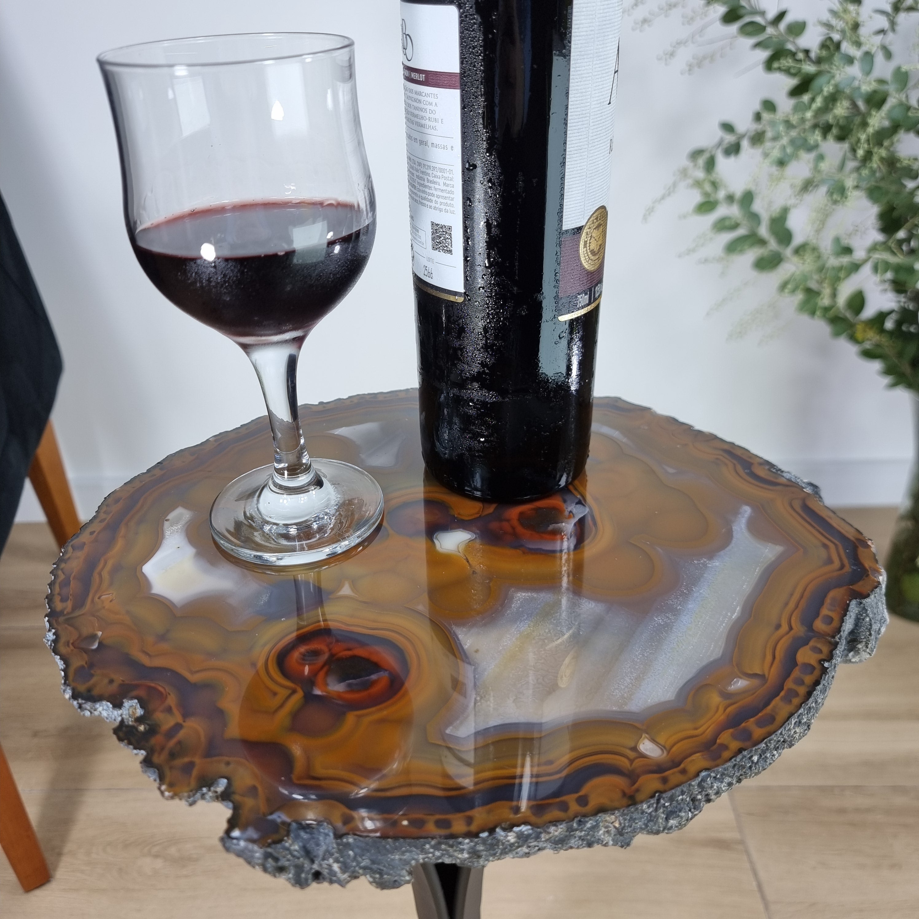 Natural Brazilian Agate Side Table on a black metal base 23 inches high, total weight 14 pounds