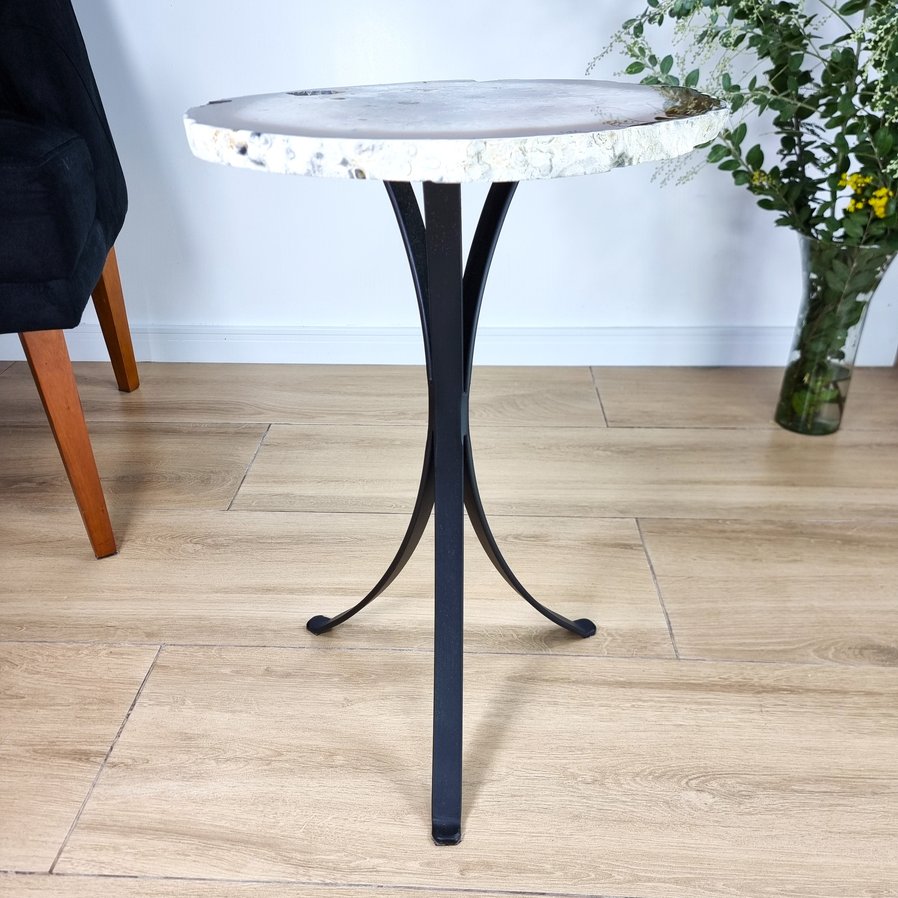 Natural Brazilian Agate Side Table on a black metal base 23 inches high, total weight 15 pounds