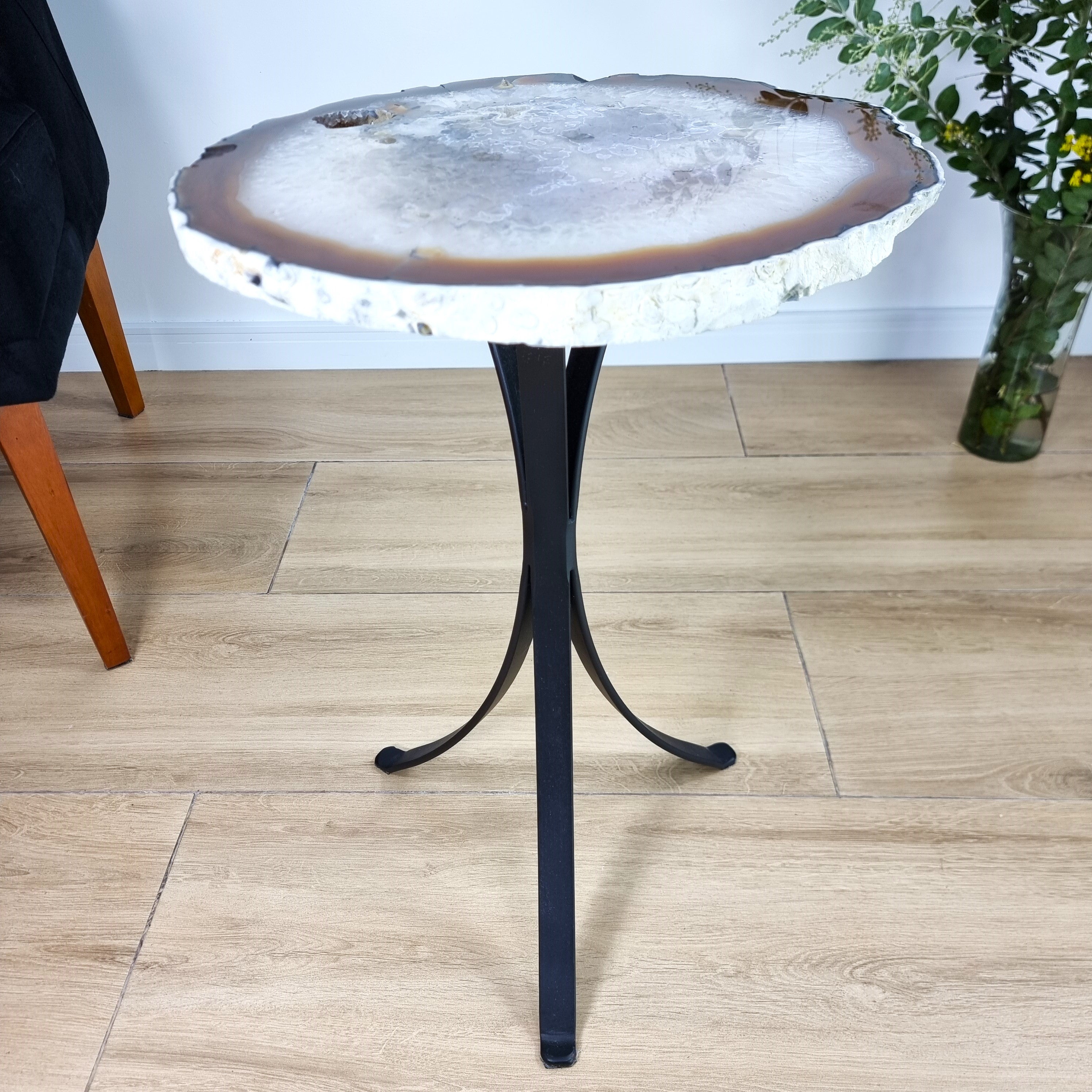 Natural Brazilian Agate Side Table on a black metal base 23 inches high, total weight 15 pounds