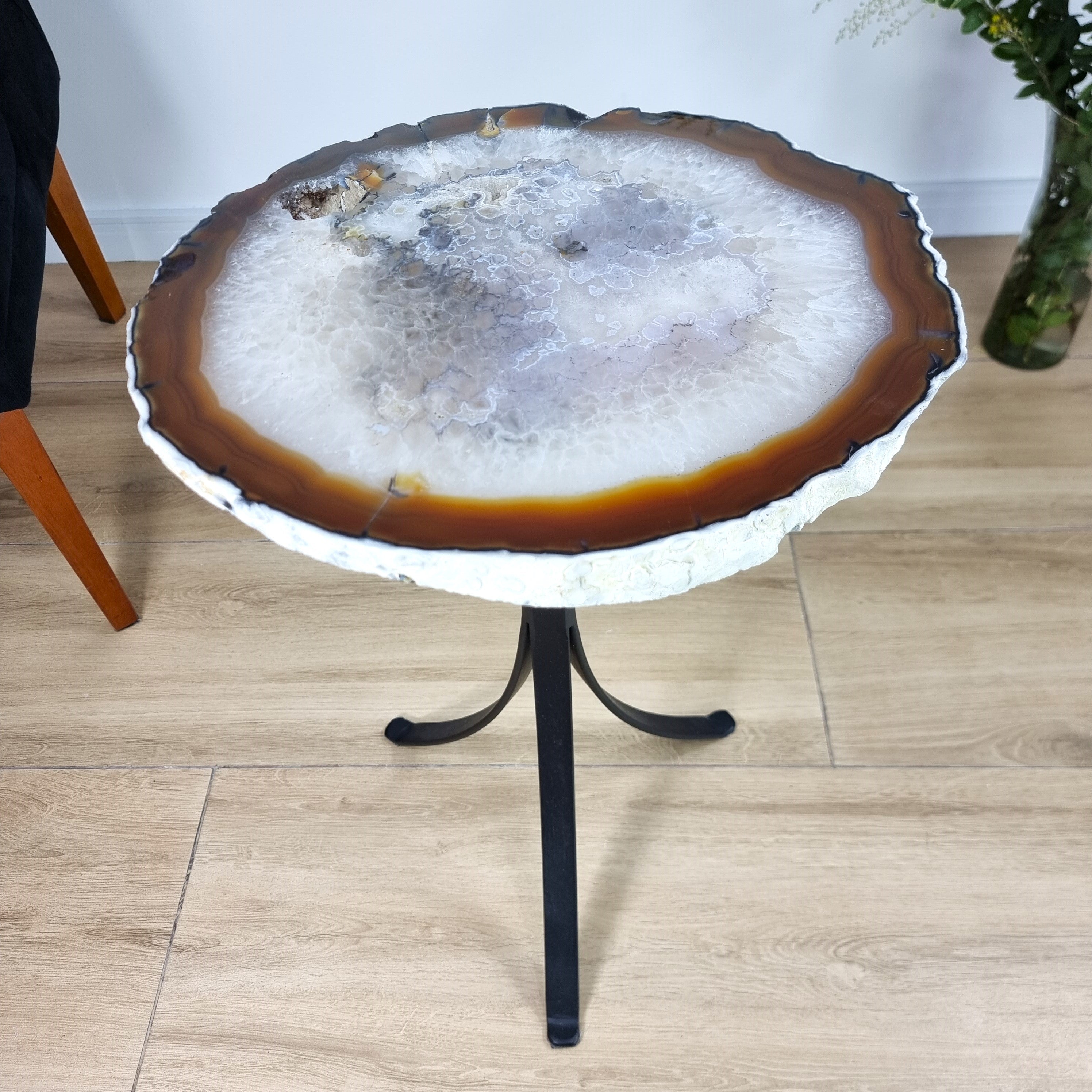 Natural Brazilian Agate Side Table on a black metal base 23 inches high, total weight 15 pounds