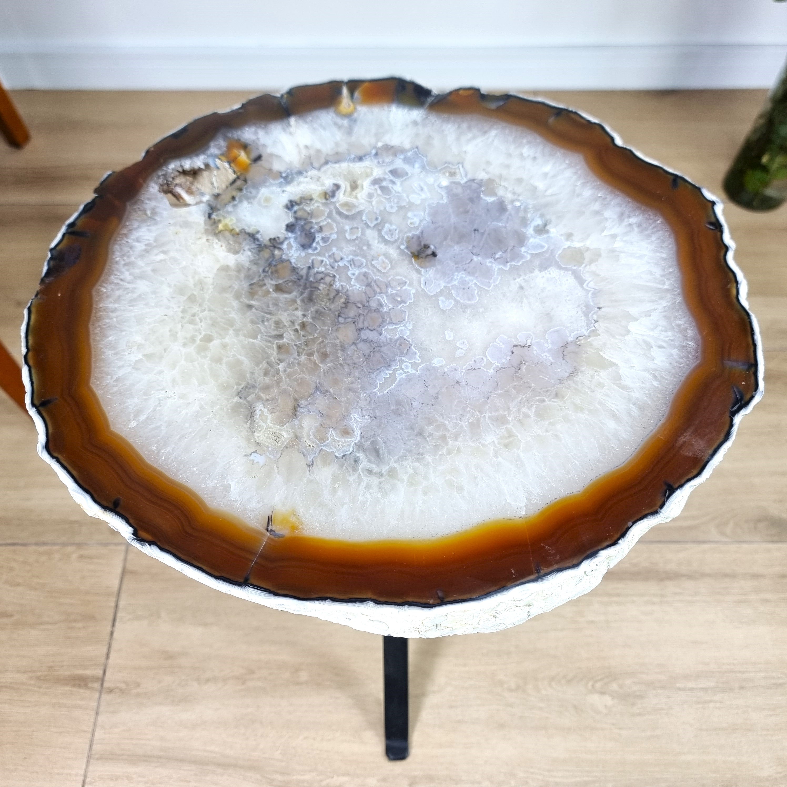 Natural Brazilian Agate Side Table on a black metal base 23 inches high, total weight 15 pounds