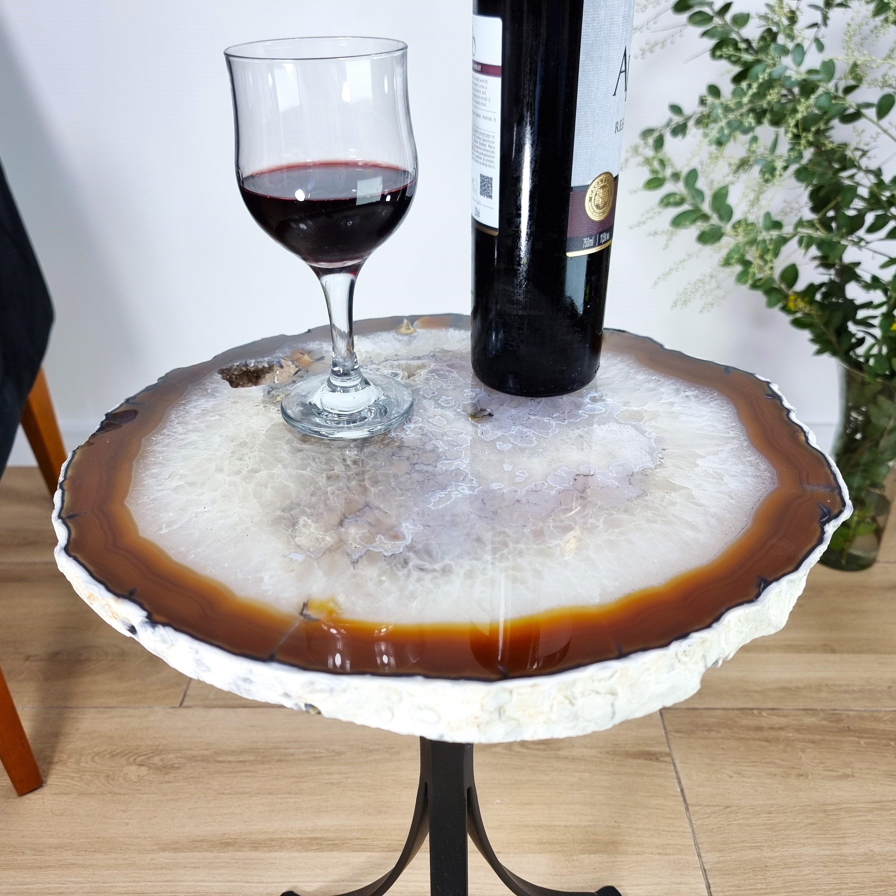 Natural Brazilian Agate Side Table on a black metal base 23 inches high, total weight 15 pounds