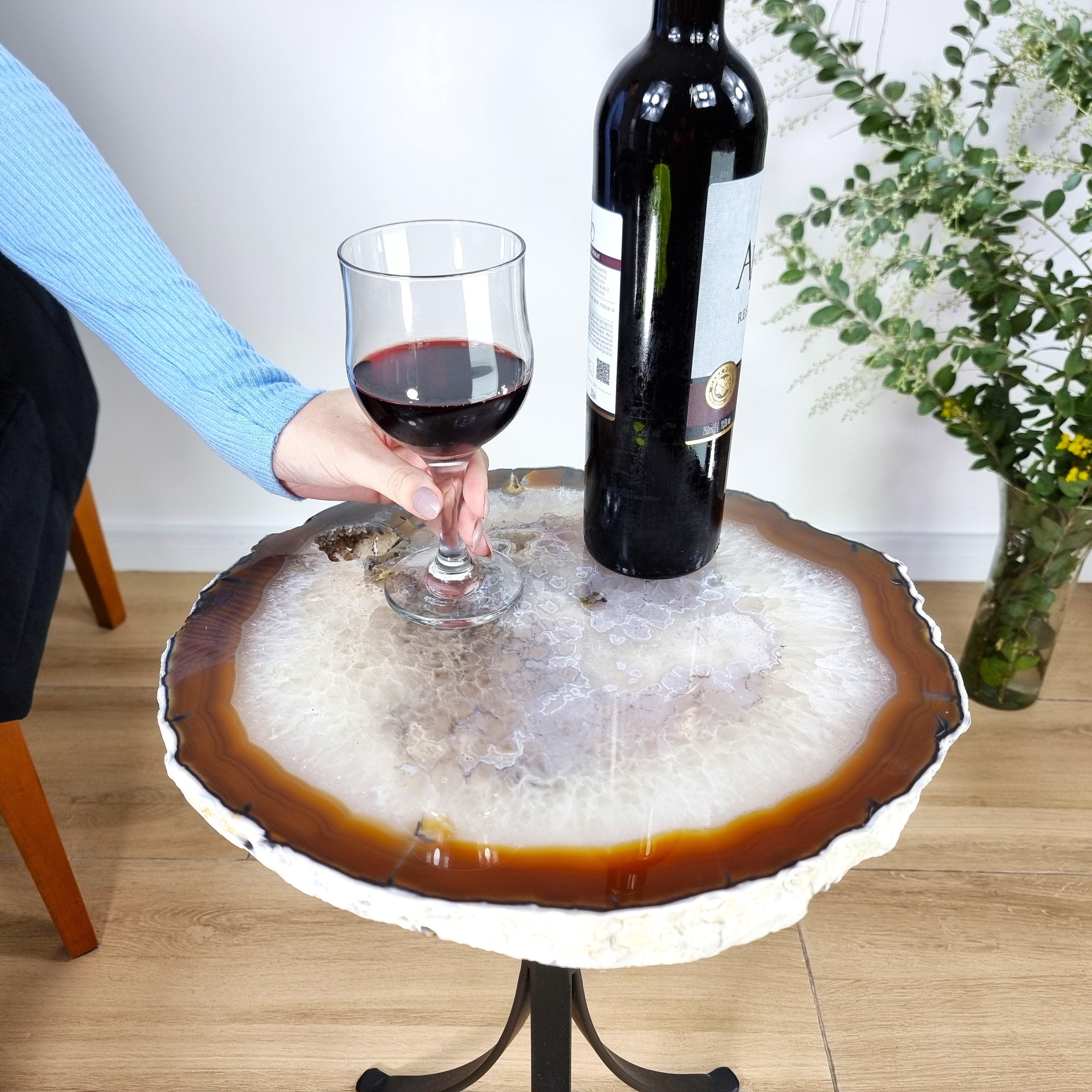 Natural Brazilian Agate Side Table on a black metal base 23 inches high, total weight 15 pounds