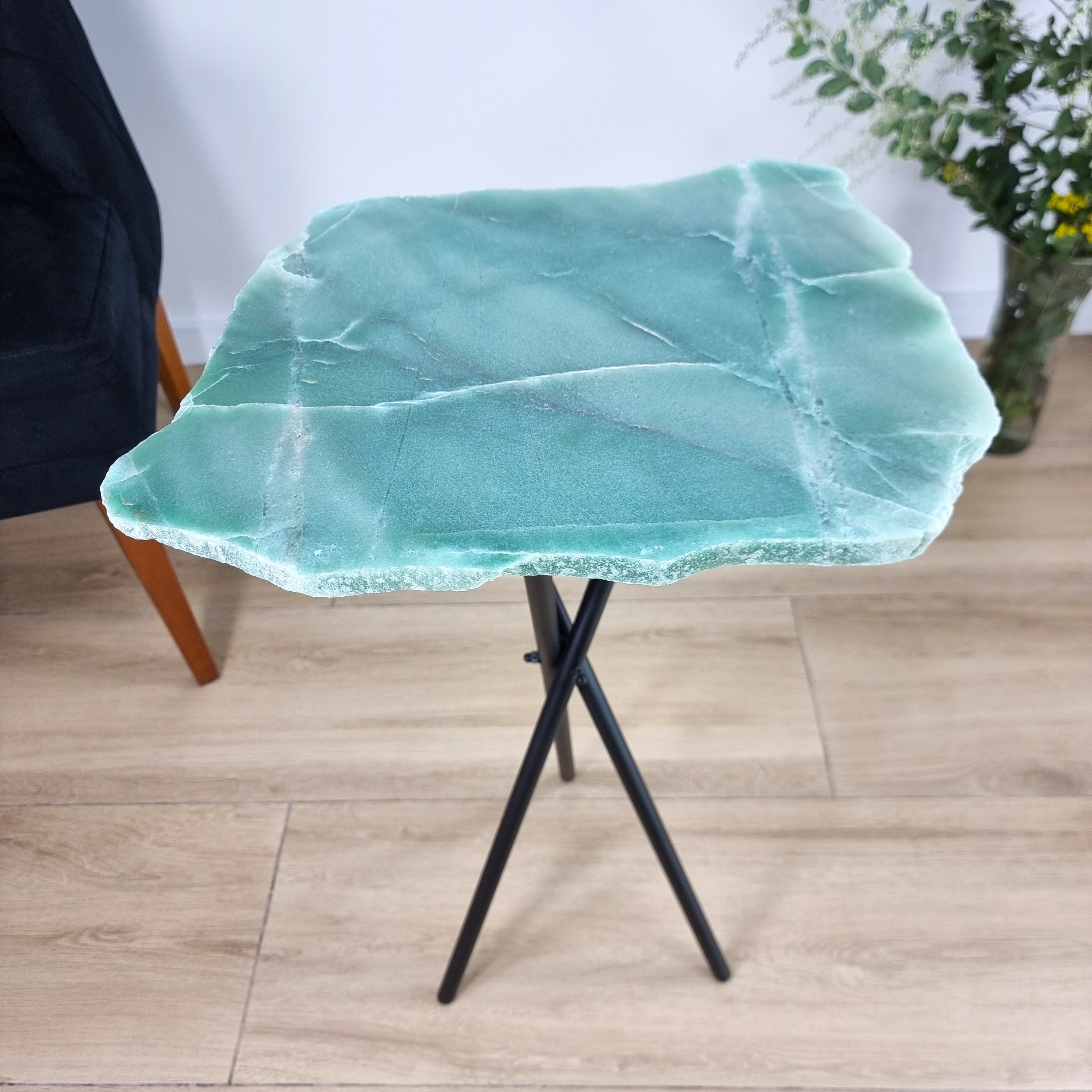 Green Quartz Side Table - Crystal Table with black legs 23 inches high, total weight 12 pounds