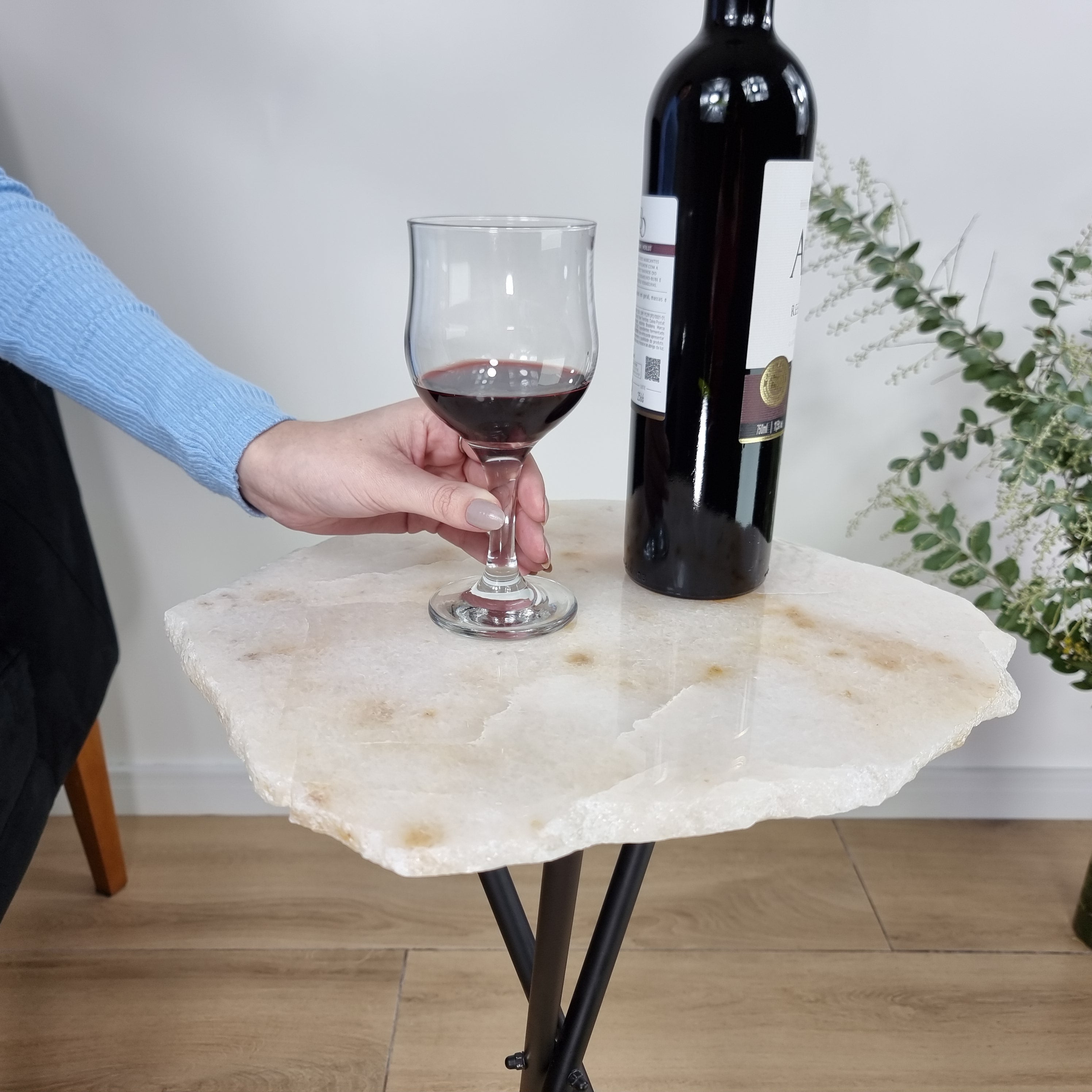 Natural WHITE QUARTZ Side Table | Black Tripod Base | 60 cm Height - BR Crystals Handcrafted Piece