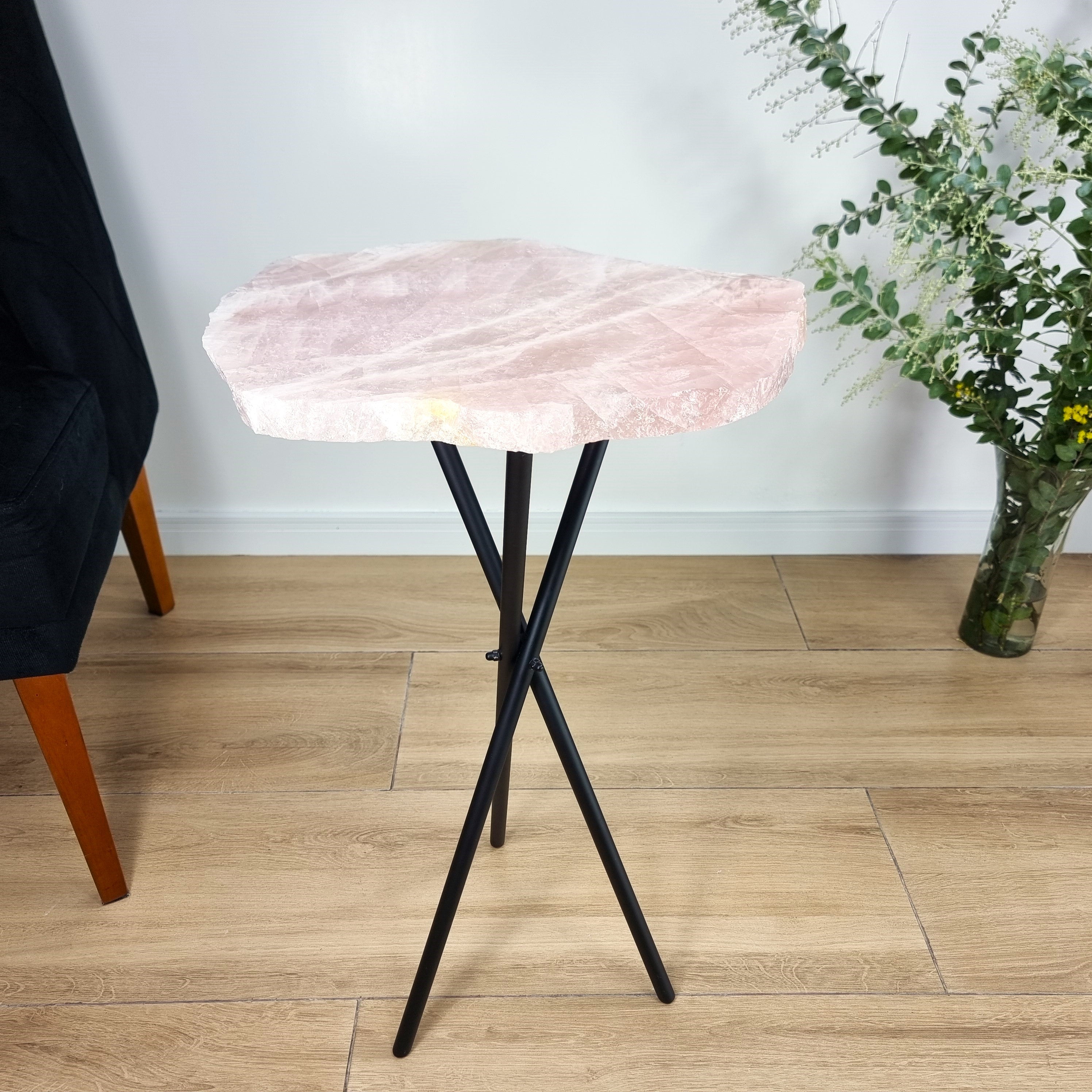 Rose Quartz Side Table - Crystal Table with Black legs 23 inches high, total weight 11 pounds