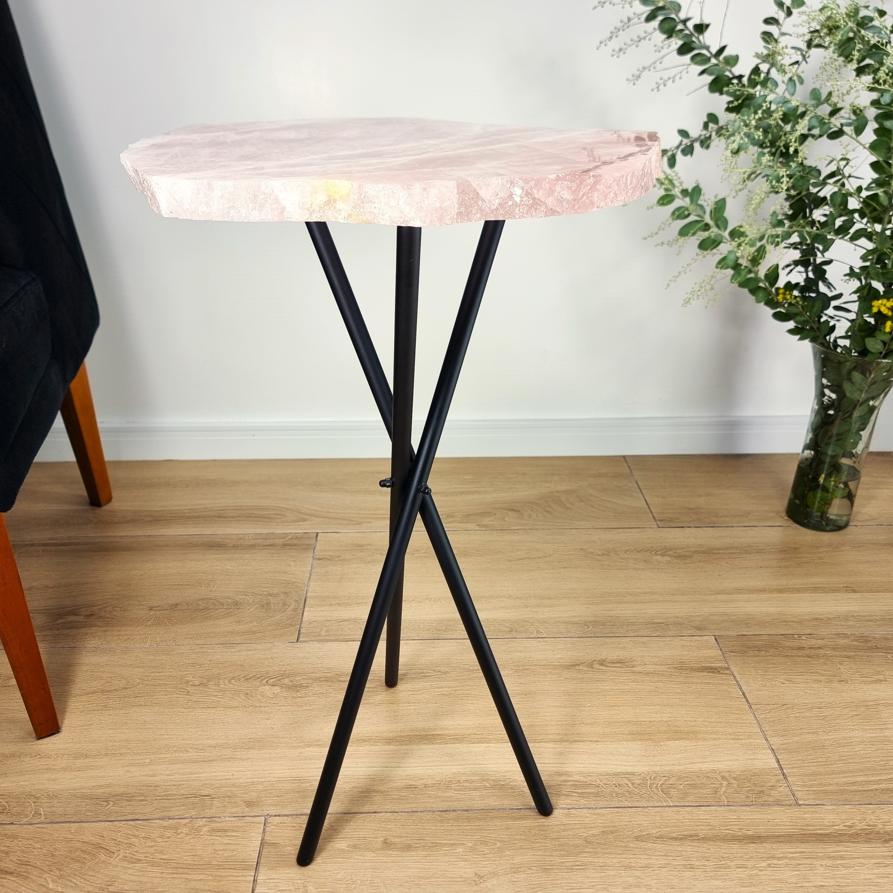 Rose Quartz Side Table - Crystal Table with Black legs 23 inches high, total weight 11 pounds