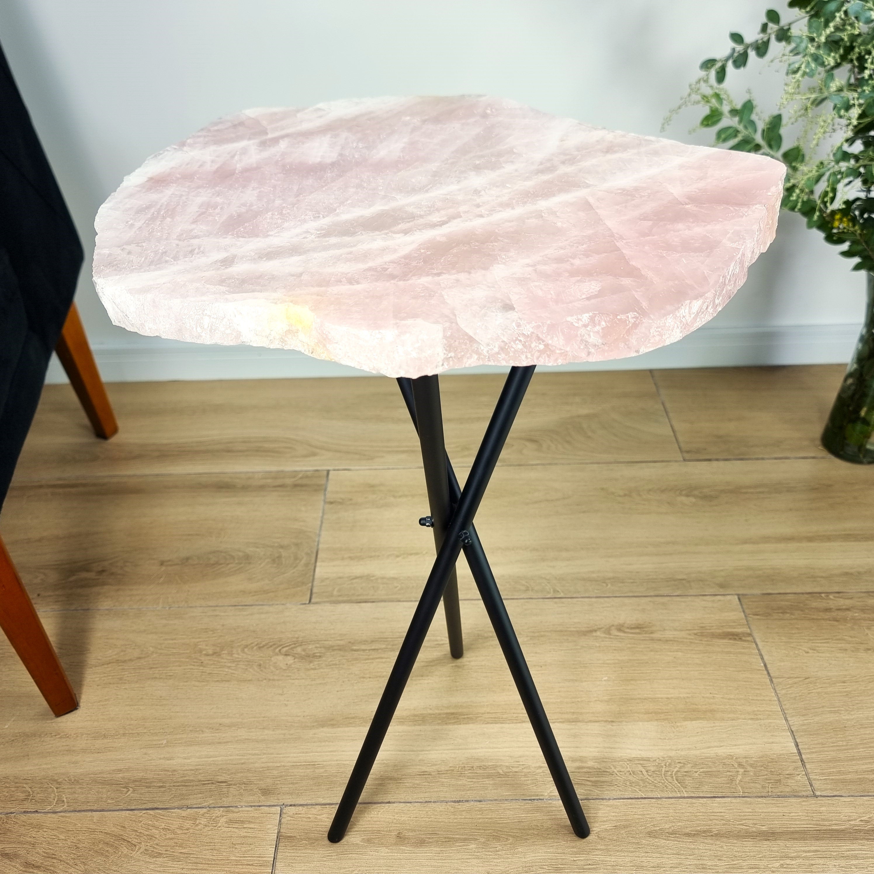 Rose Quartz Side Table - Crystal Table with Black legs 23 inches high, total weight 11 pounds