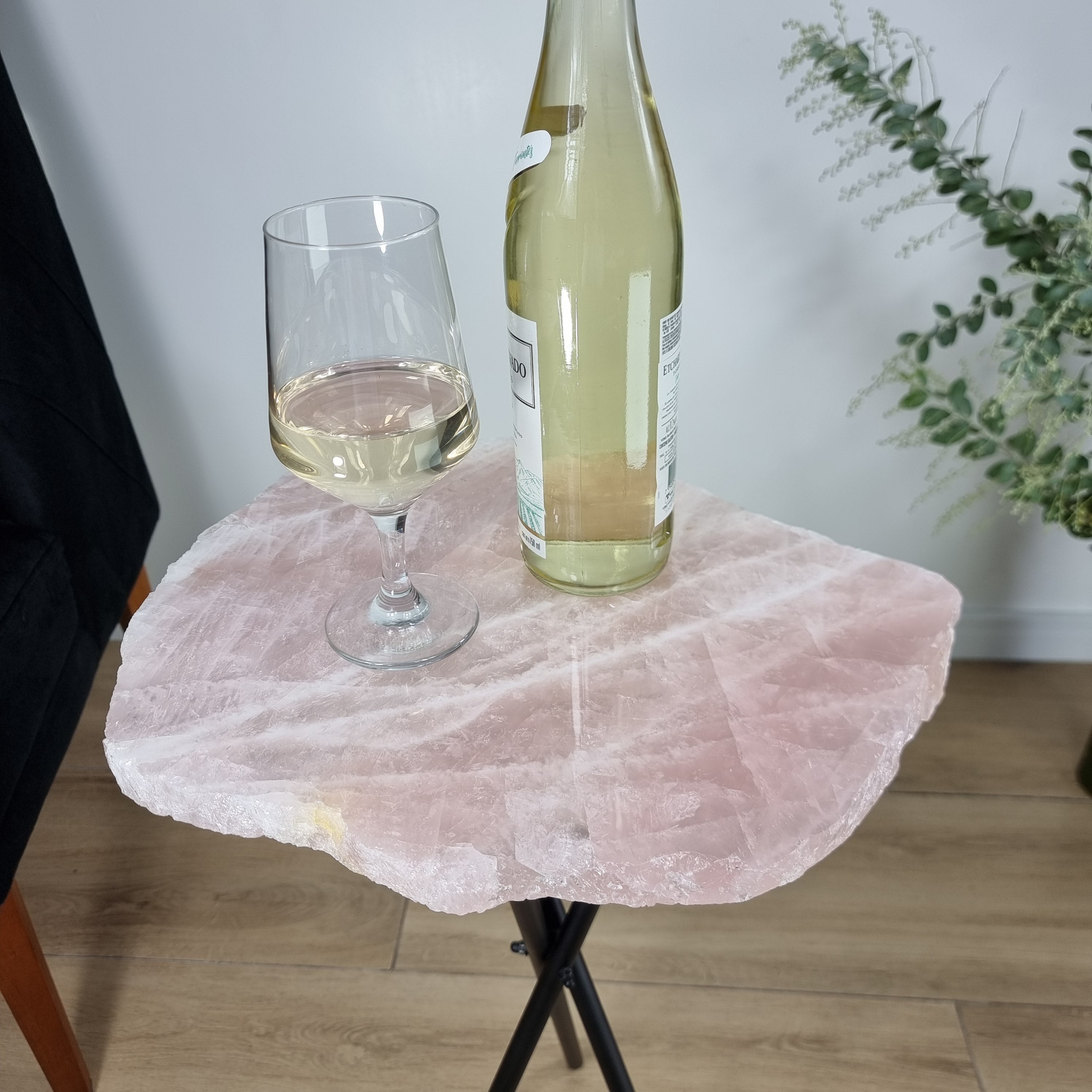 Rose Quartz Side Table | Black Tripod Base | 60 cm Height - Handmade Piece BR Crystals
