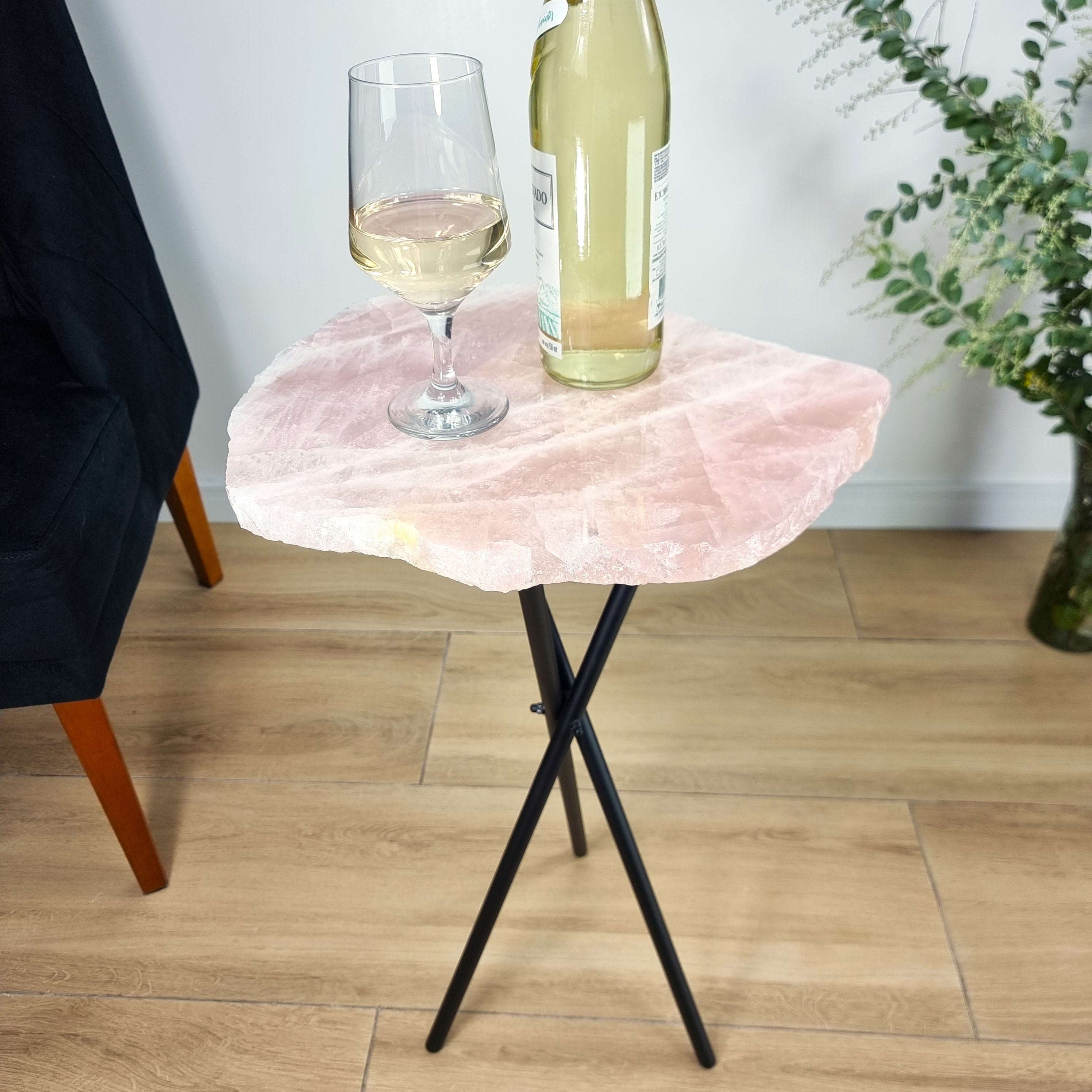 Rose Quartz Side Table - Crystal Table with Black legs 23 inches high, total weight 11 pounds