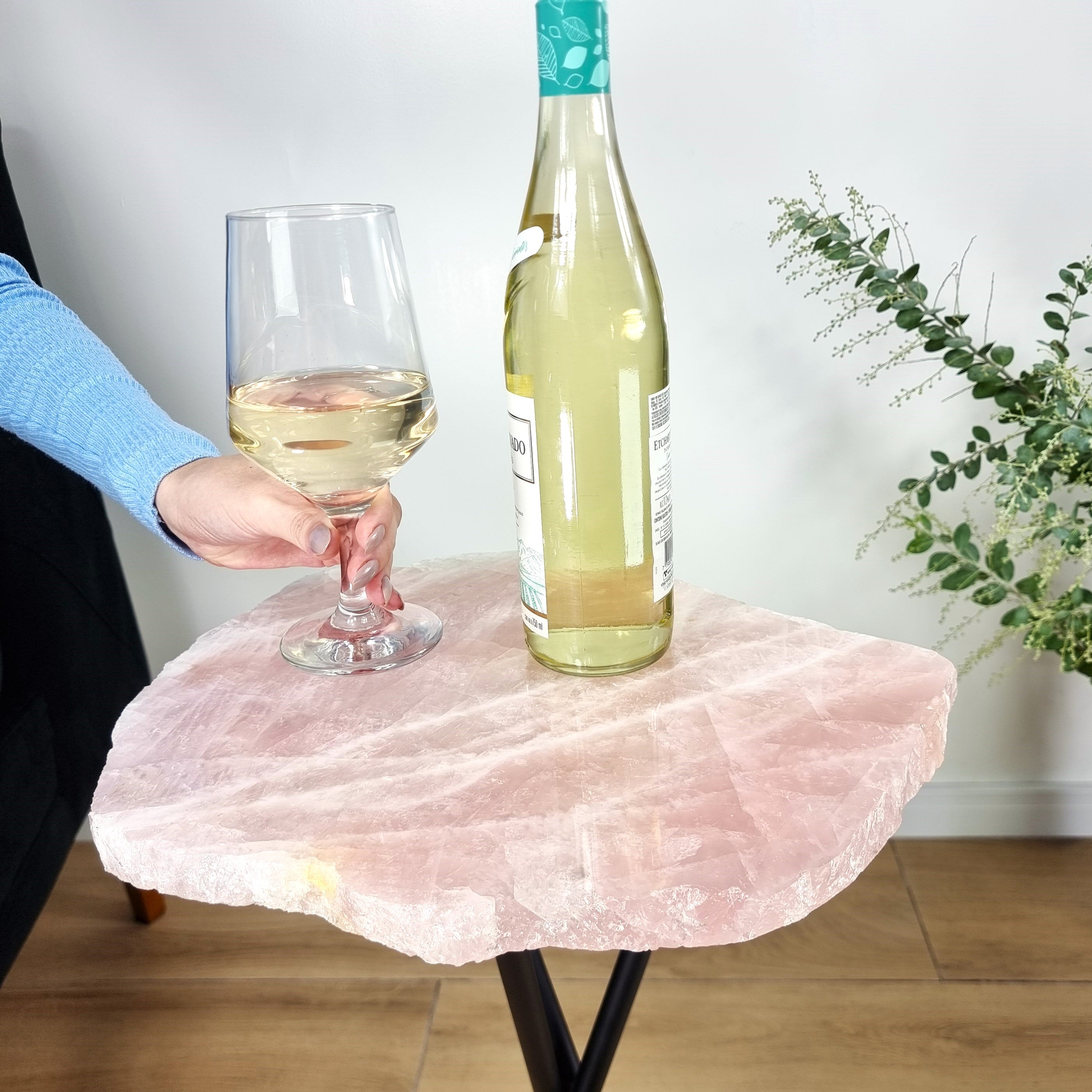 Rose Quartz Side Table - Crystal Table with Black legs 23 inches high, total weight 11 pounds