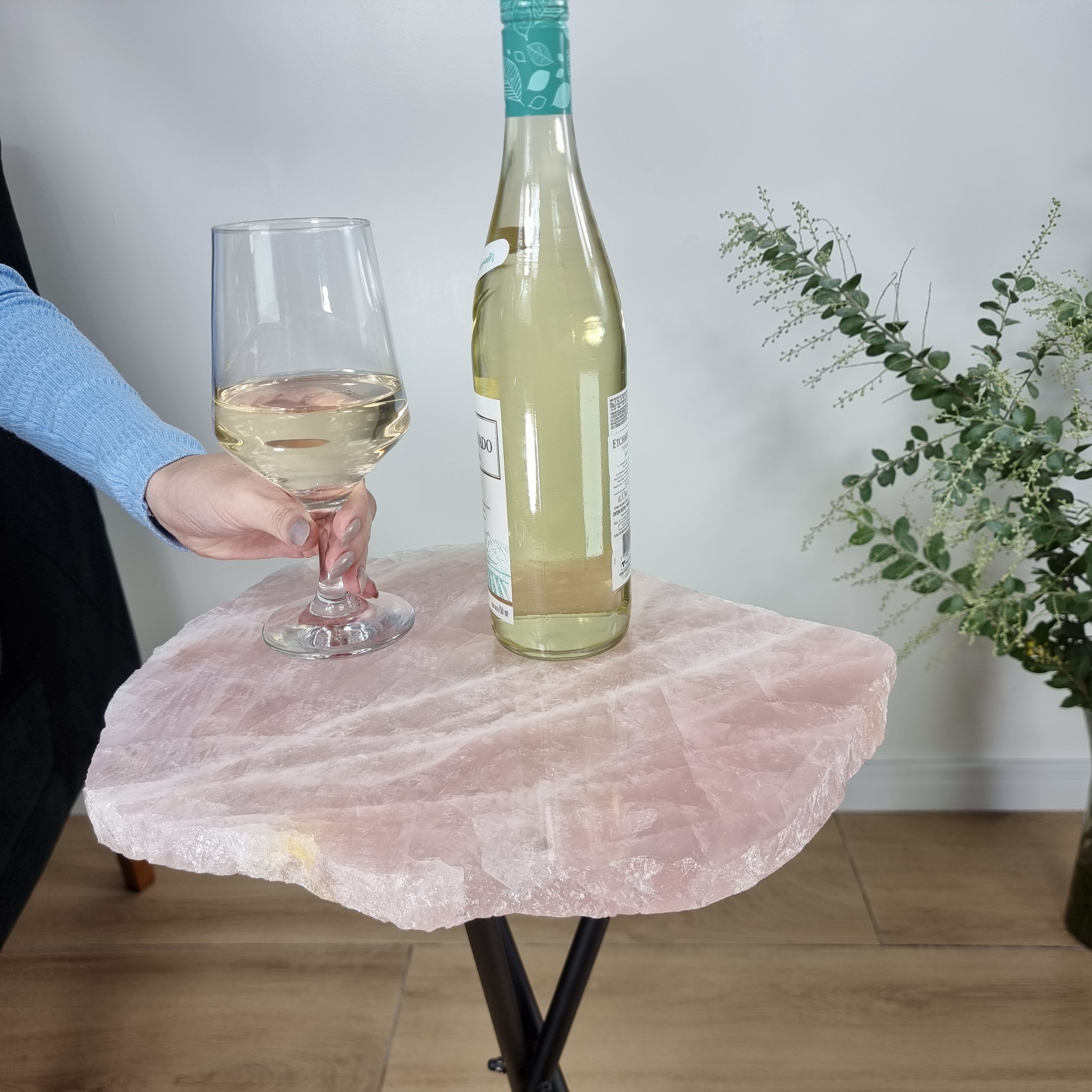 Rose Quartz Side Table | Black Tripod Base | 60 cm Height - Handmade Piece BR Crystals