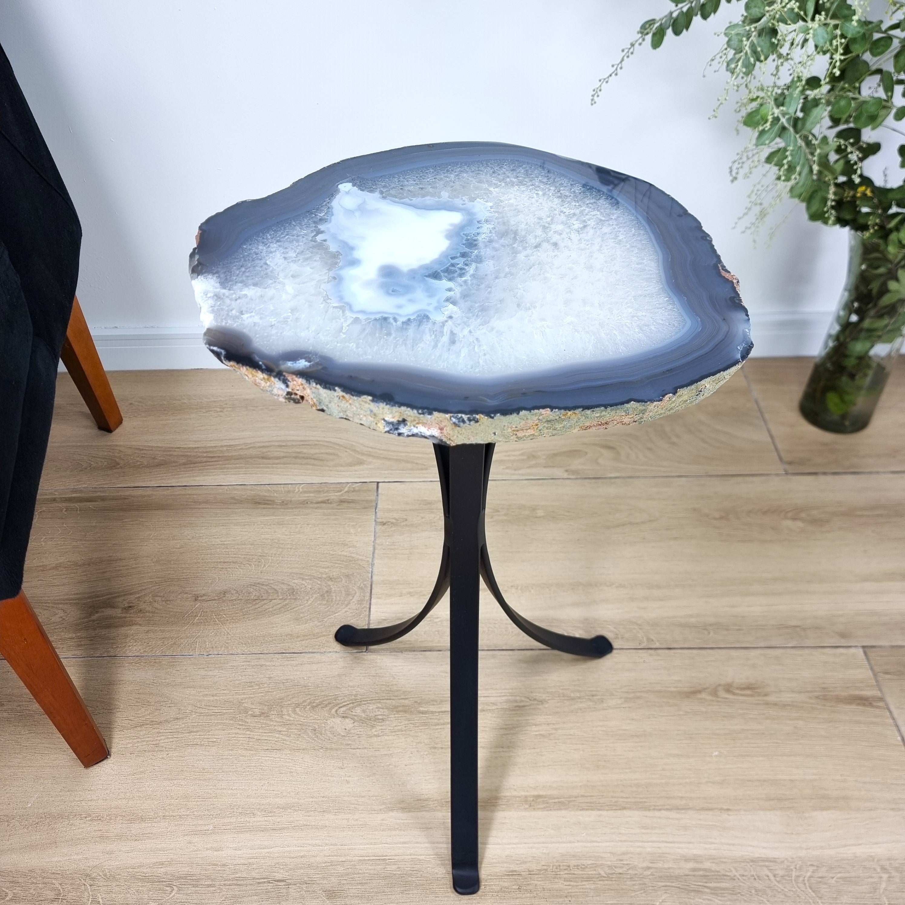 Natural Brazilian Agate Side Table on a black metal base 23 inches high, total weight 17 pounds