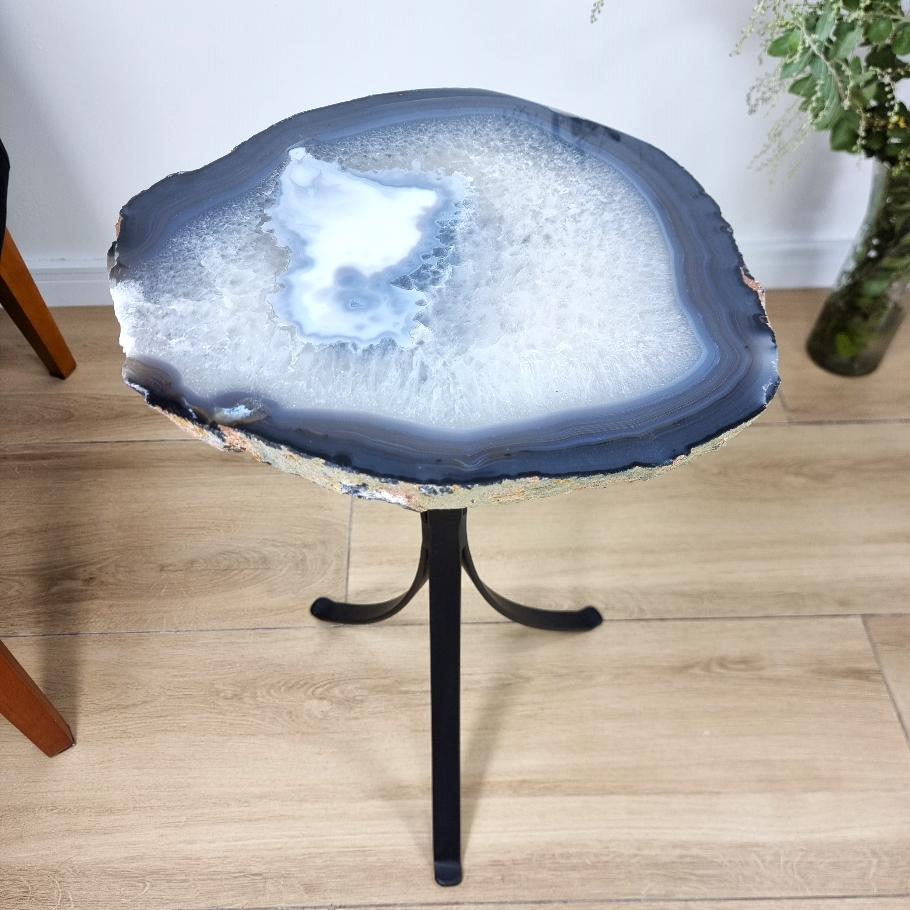 Natural Brazilian Agate Side Table on a black metal base 23 inches high, total weight 17 pounds