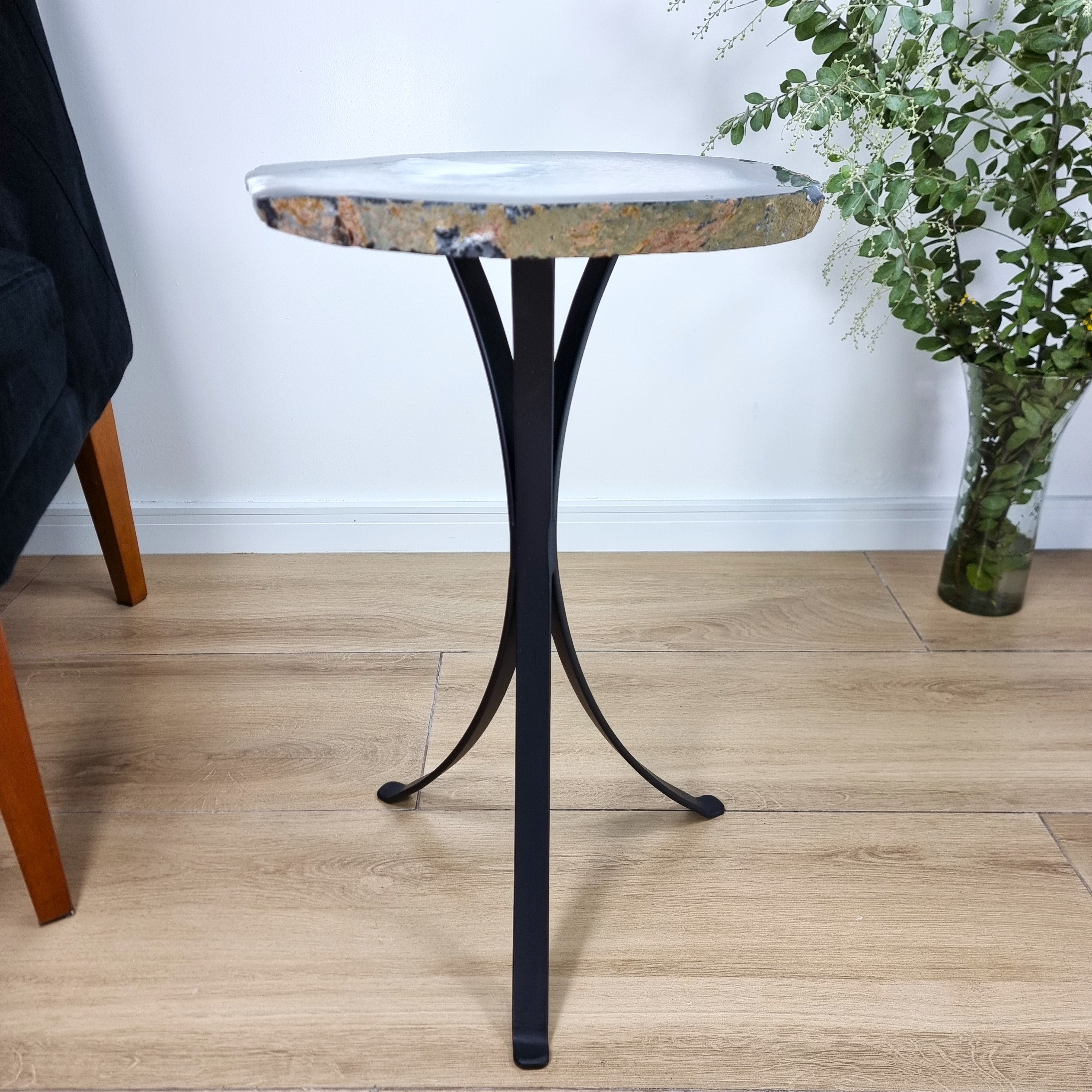 Natural Brazilian Agate Side Table on a black metal base 23 inches high, total weight 17 pounds