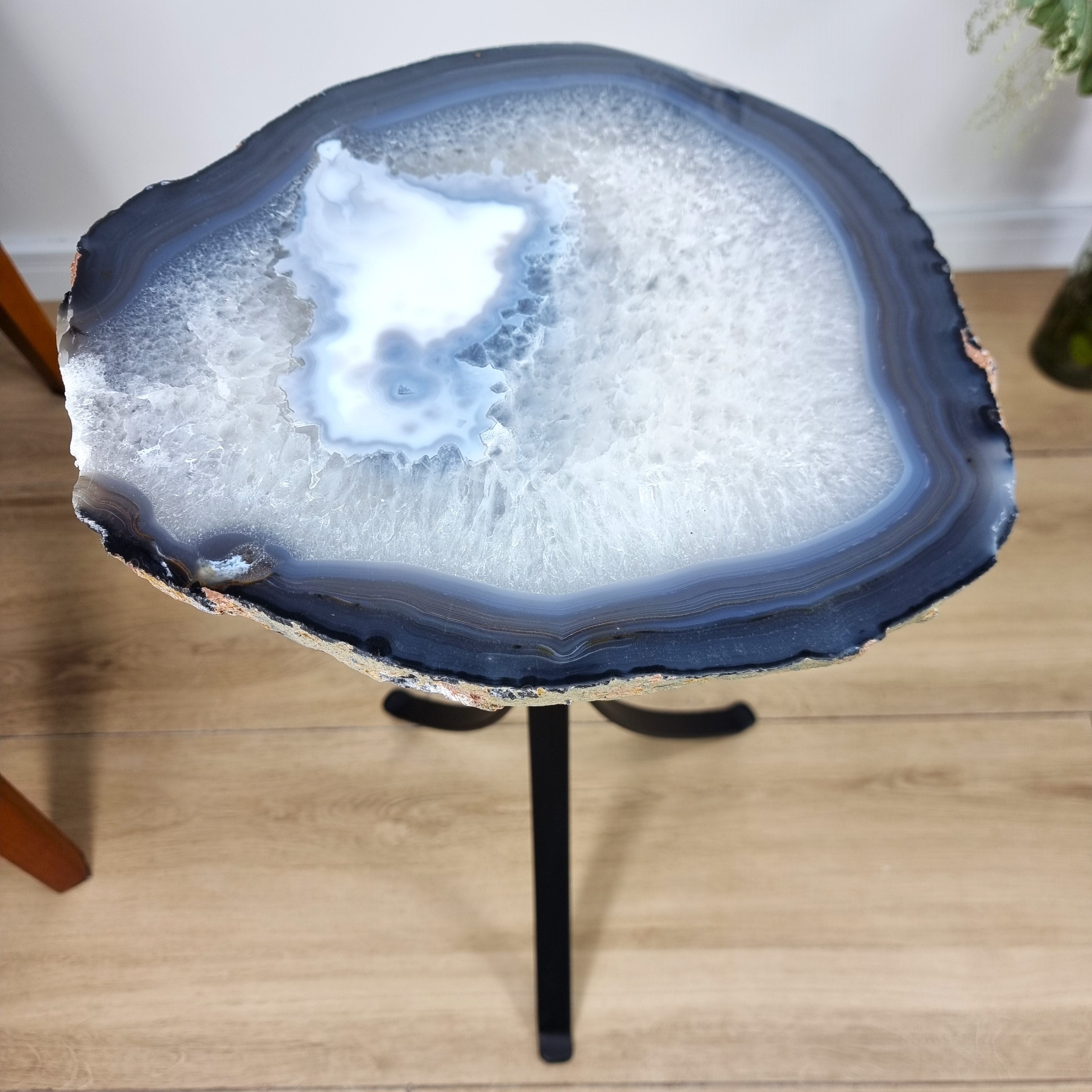 Natural Brazilian Agate Side Table on a black metal base 23 inches high, total weight 17 pounds